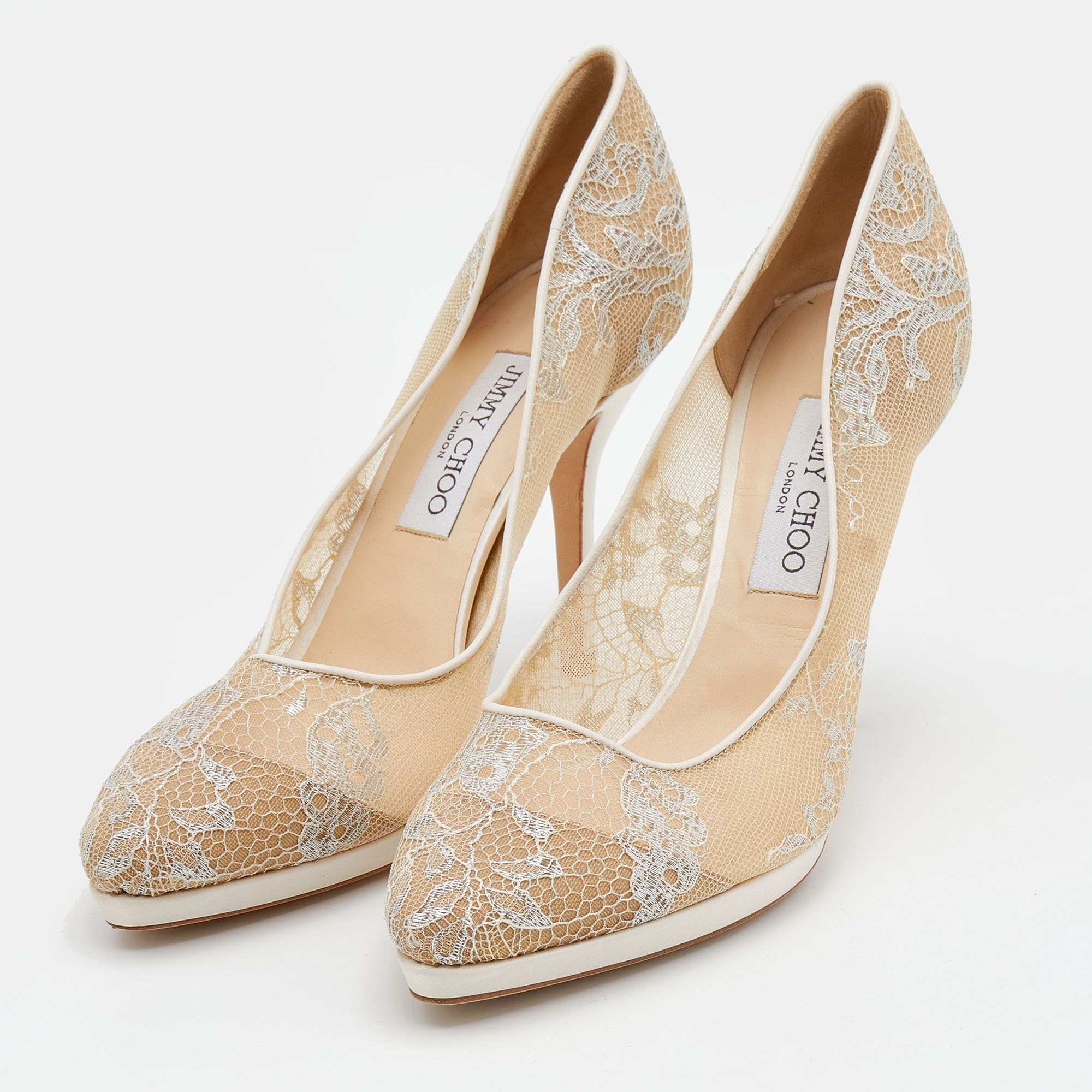 

Jimmy Choo Beige/Silver Lace and Mesh Pumps Size