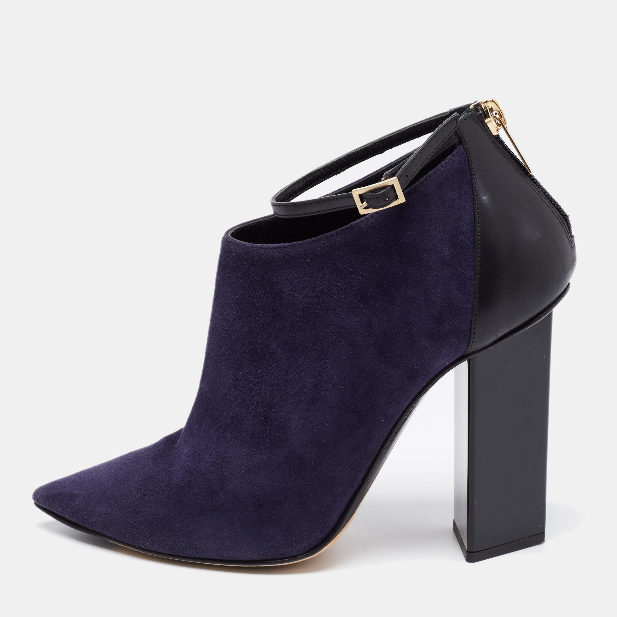 Pre-owned Jimmy Choo Midnight Blue/black Suede And Leather Vanish Ankle-strap Booties Size 36