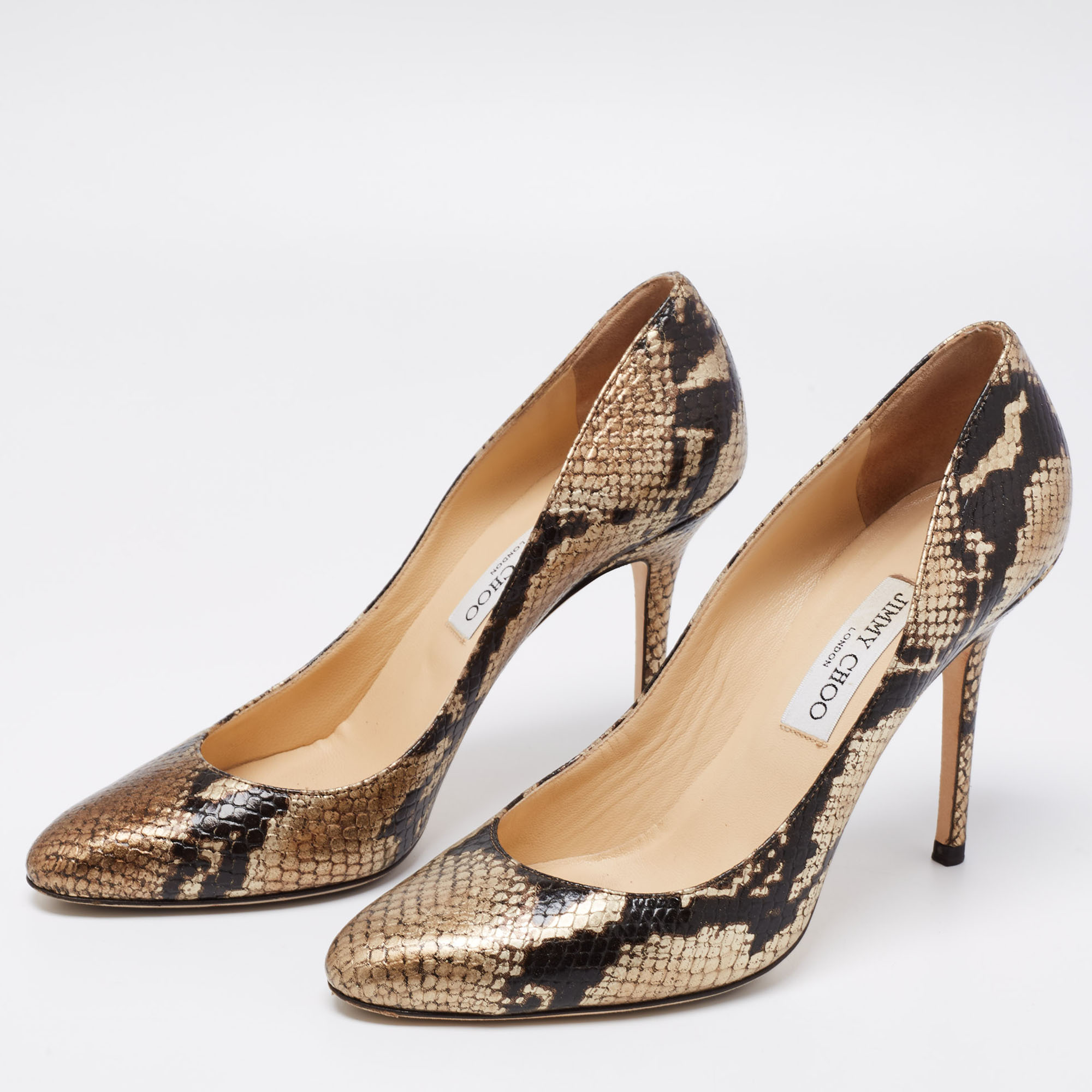 

Jimmy Choo Metallic Brown/Gold Faux Snakeskin Leather Romy Pumps Size