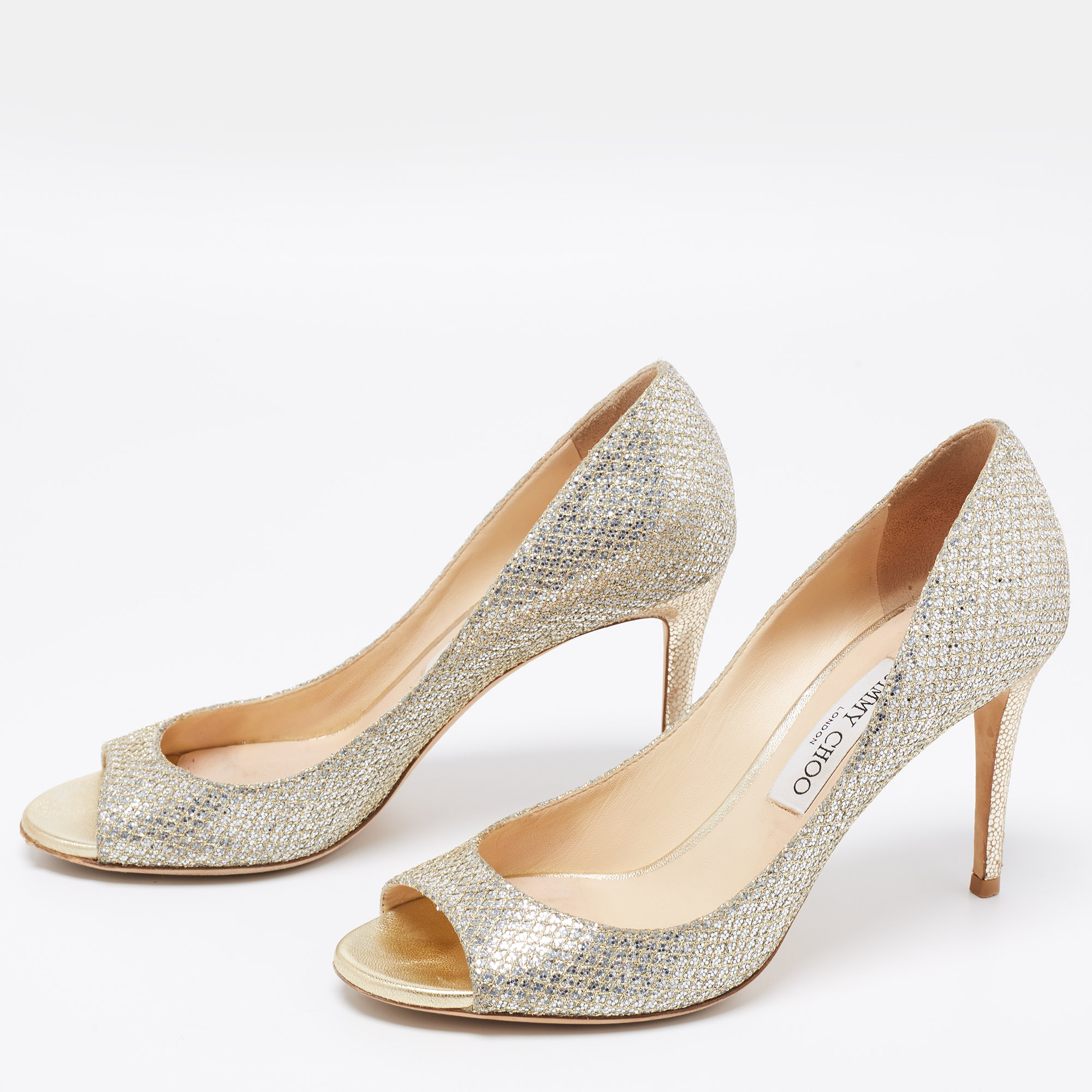 

Jimmy Choo Silver/Gold Glitter Isabel Open Toe Pumps Size