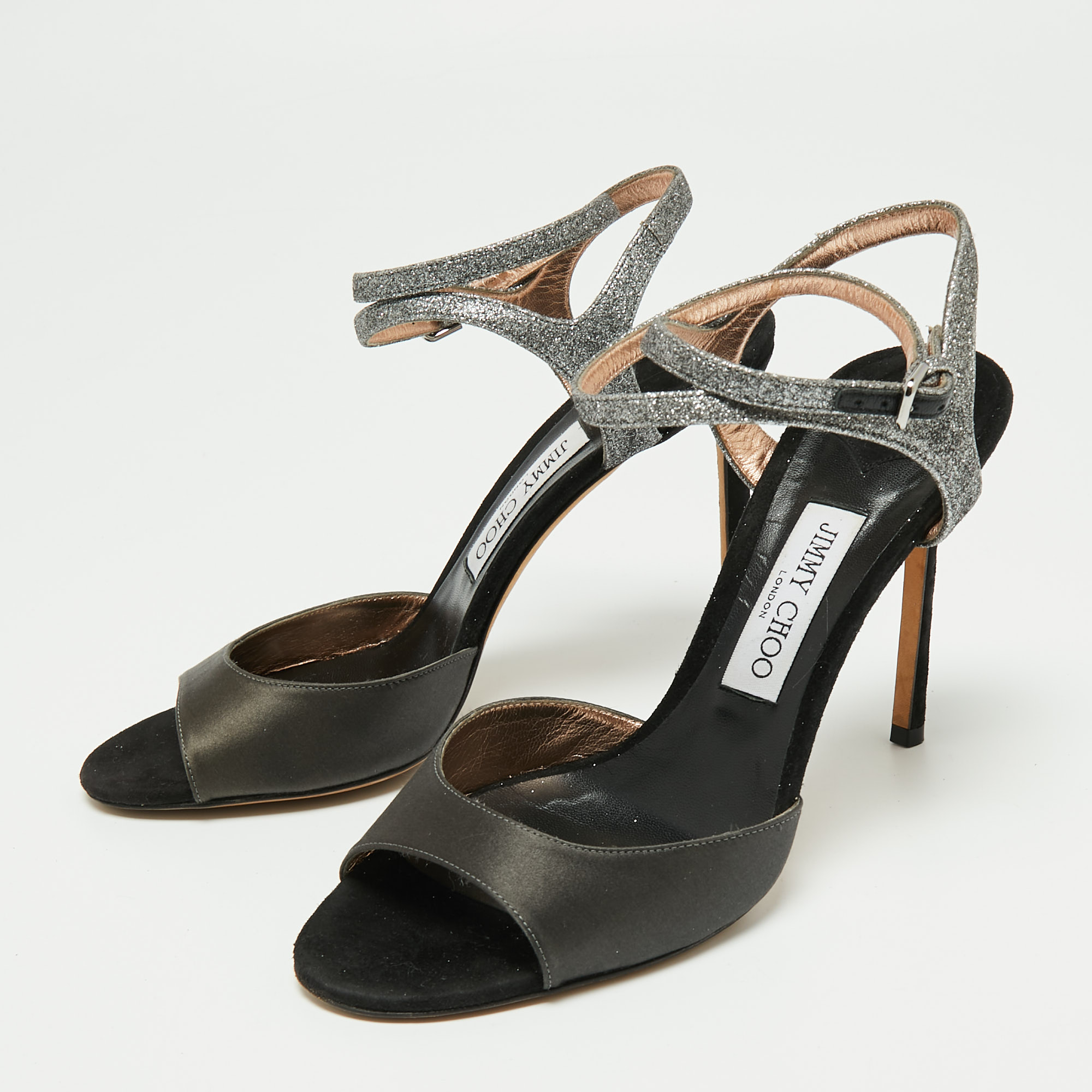 

Jimmy Choo Tricolor Satin And Glitter Ankle Strap Sandals Size, Silver