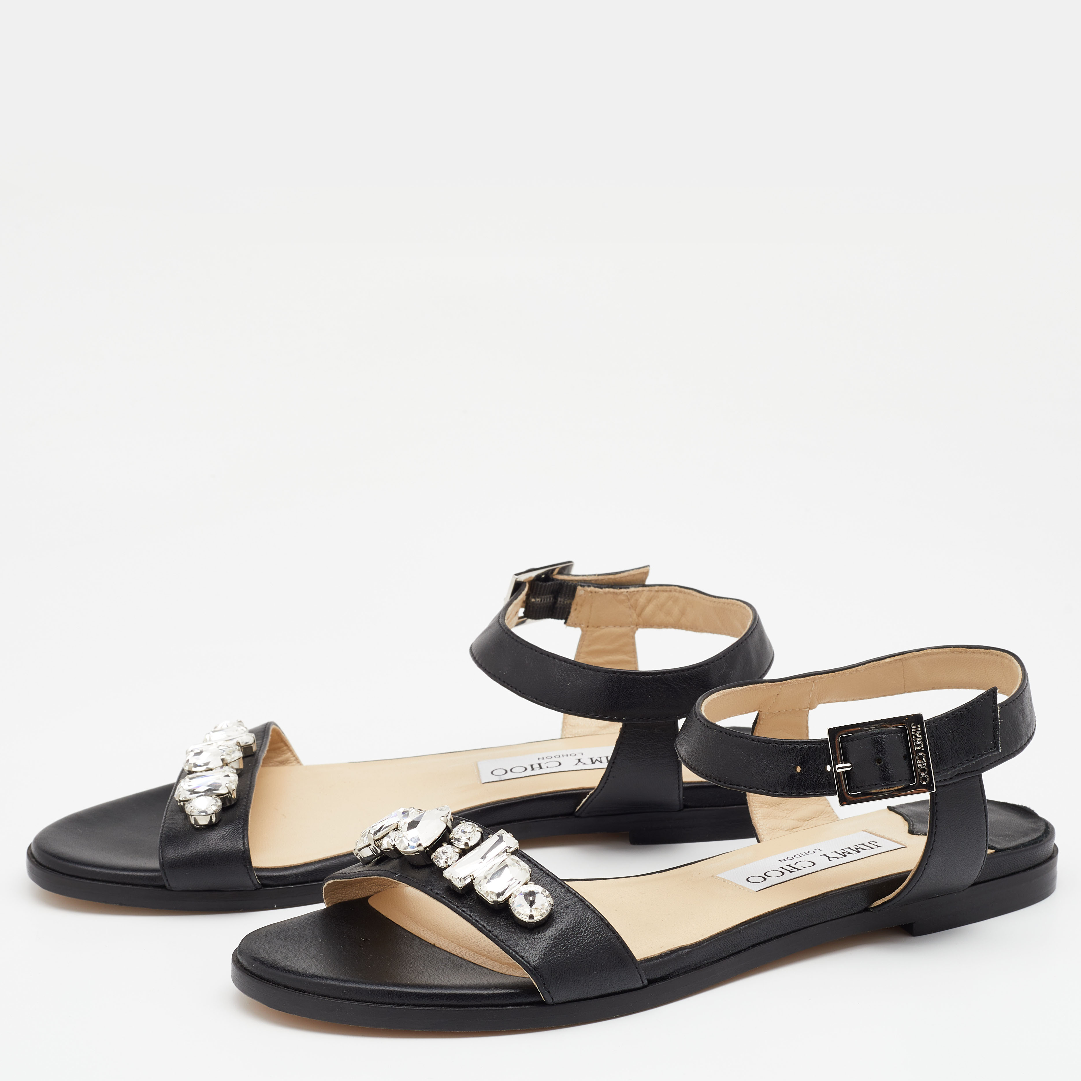 

Jimmy Choo Black Leather Crystal Embellished Flat Sandals Size