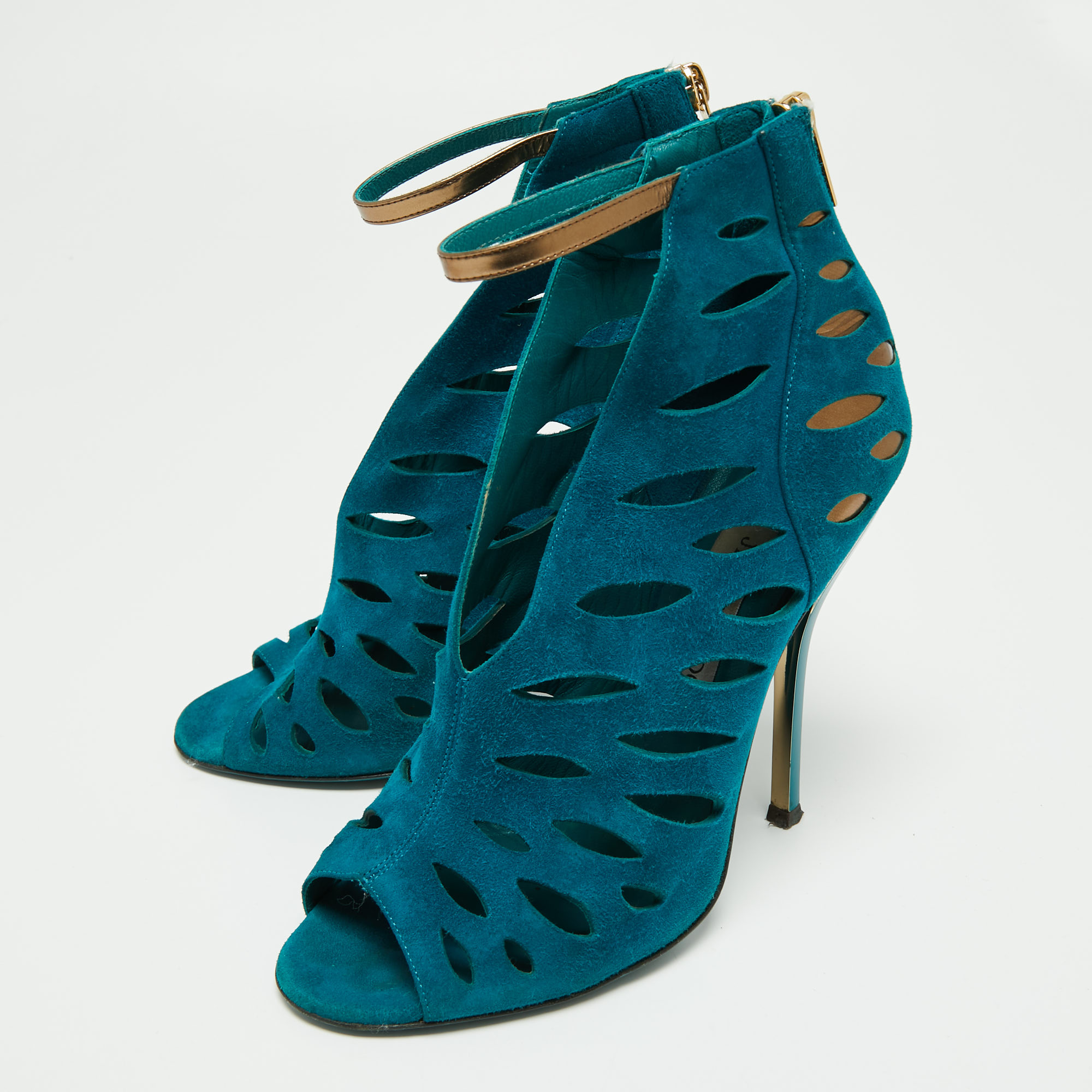 

Jimmy Choo Teal Cutout Suede Ankle Strap Sandals Size, Blue