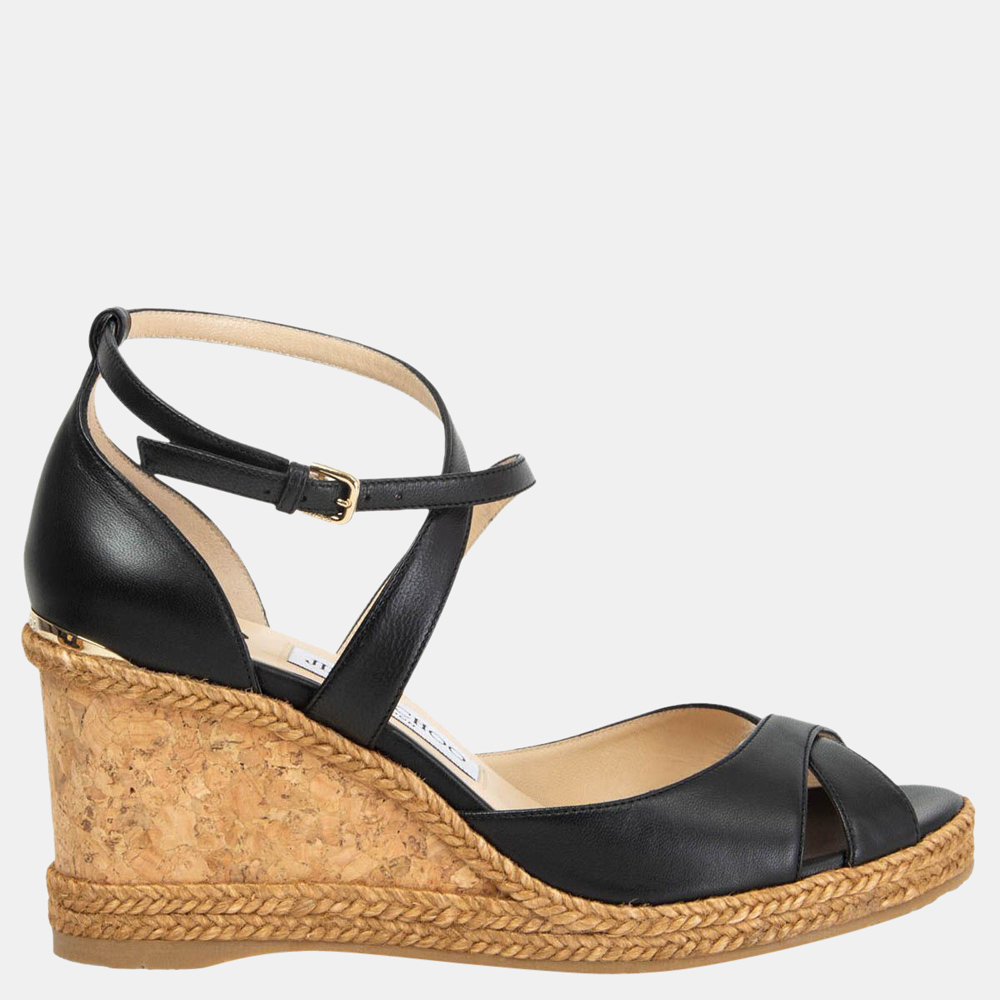 

Jimmy Choo Beige Black Leather Alanah Cork Wedge Sandals EU