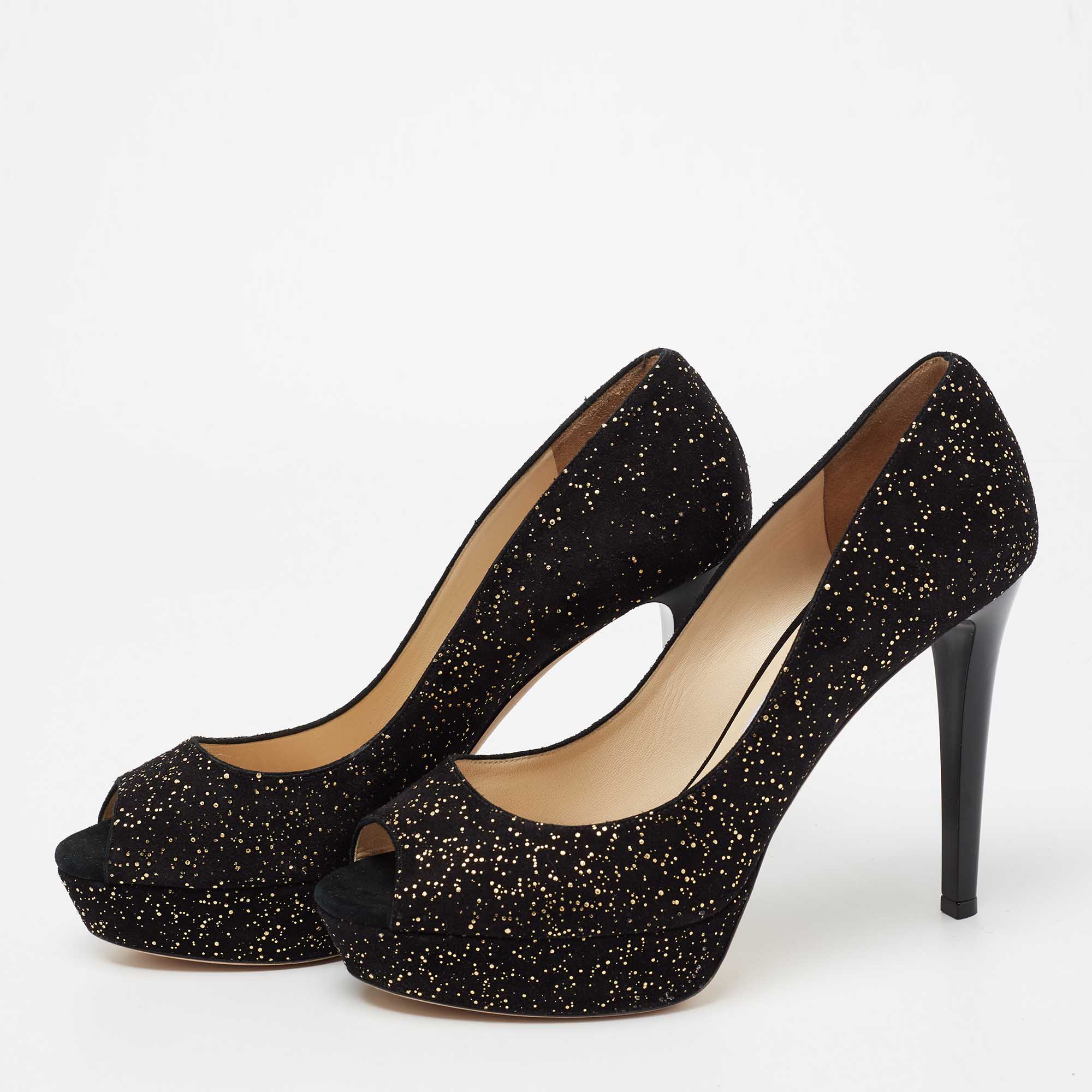 

Jimmy Choo Black Glitter Suede Platform Peep Toe Pumps Size