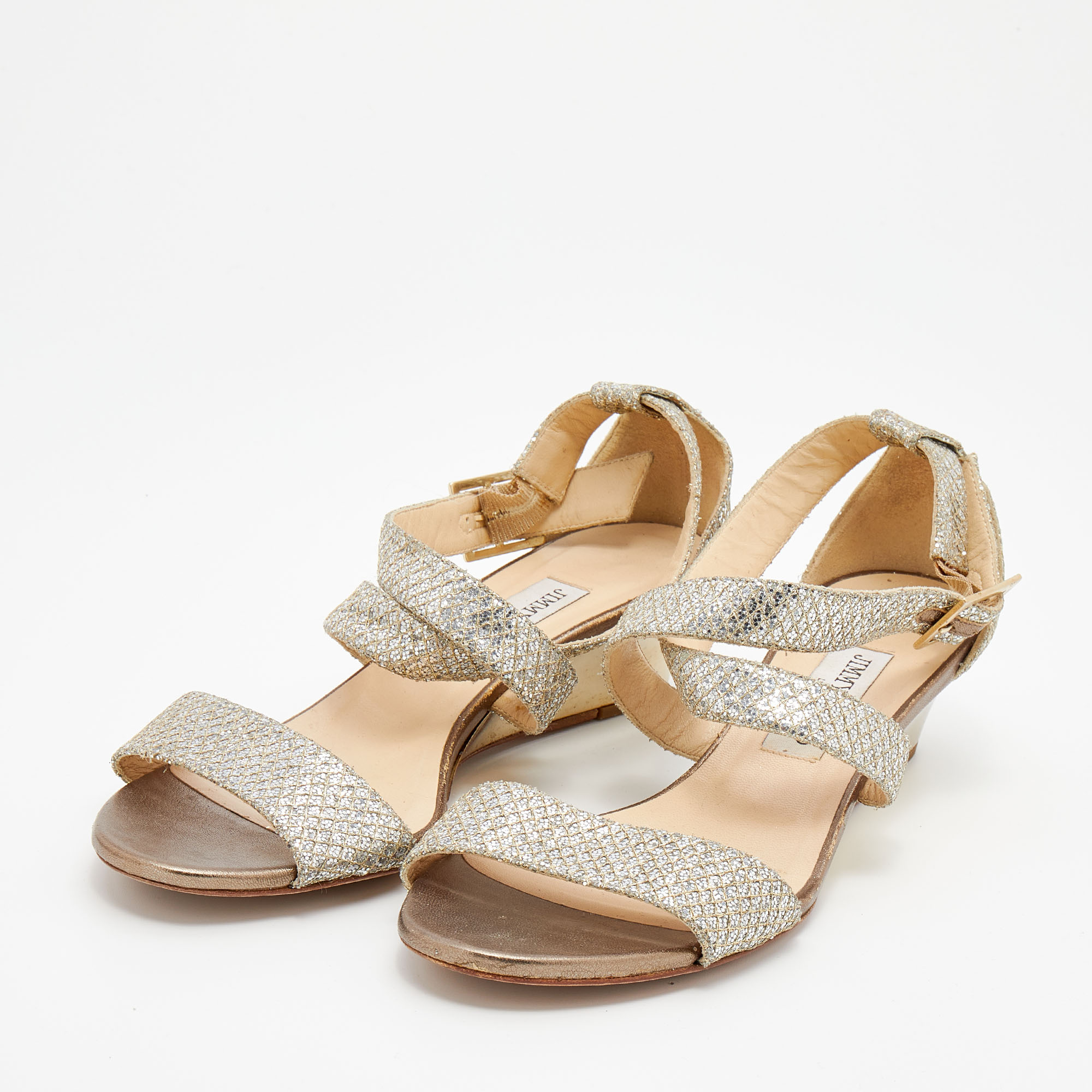 

Jimmy Choo Silver/Gold Glitter And Lamé Fabric Wedge Ankle Strap Sandals Size