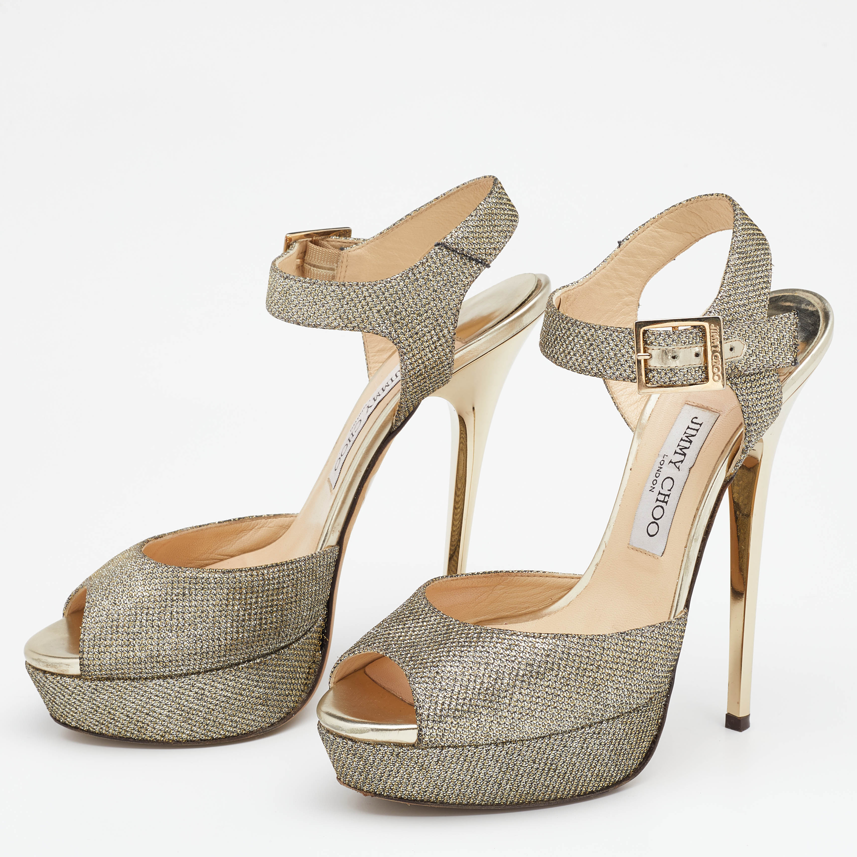 

Jimmy Choo Gold Glitter Platform Sandals Size