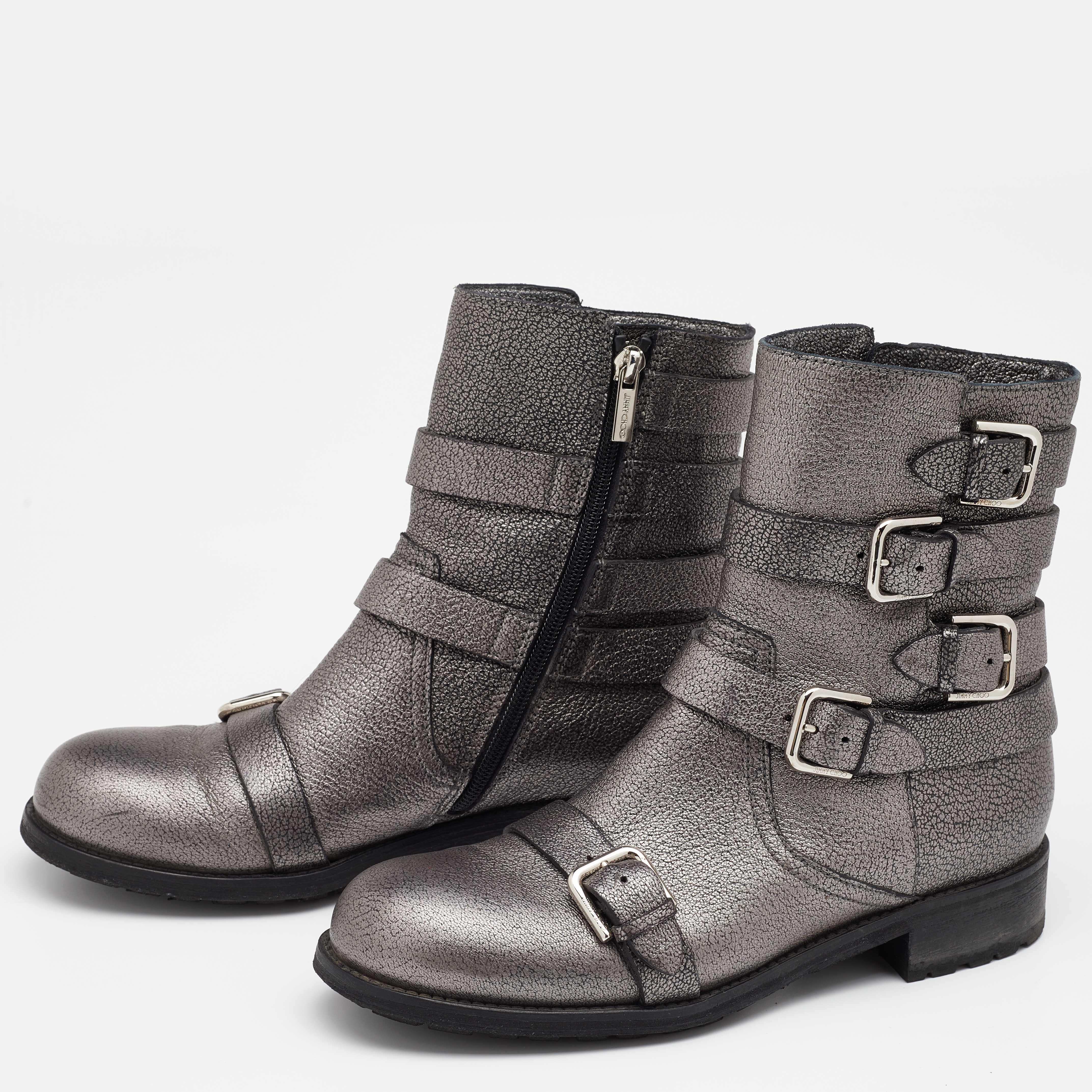 

Jimmy Choo Grey Textured Leather Dawson Buckle Details Ankle Boots Size