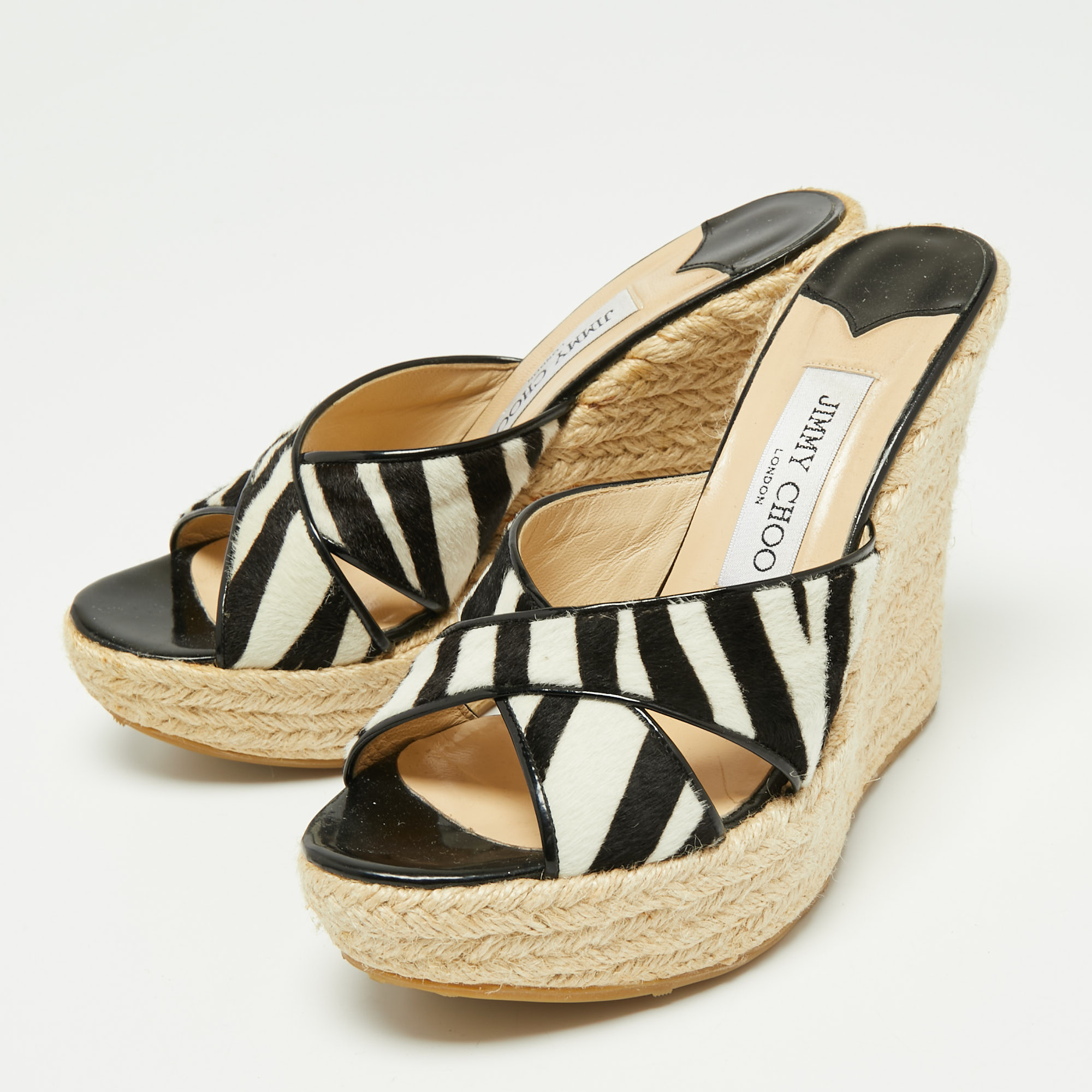 

Jimmy Choo Black/White Zebra Print Calf Hair Phyllis Espadrille Platform Wedge Sandals Size