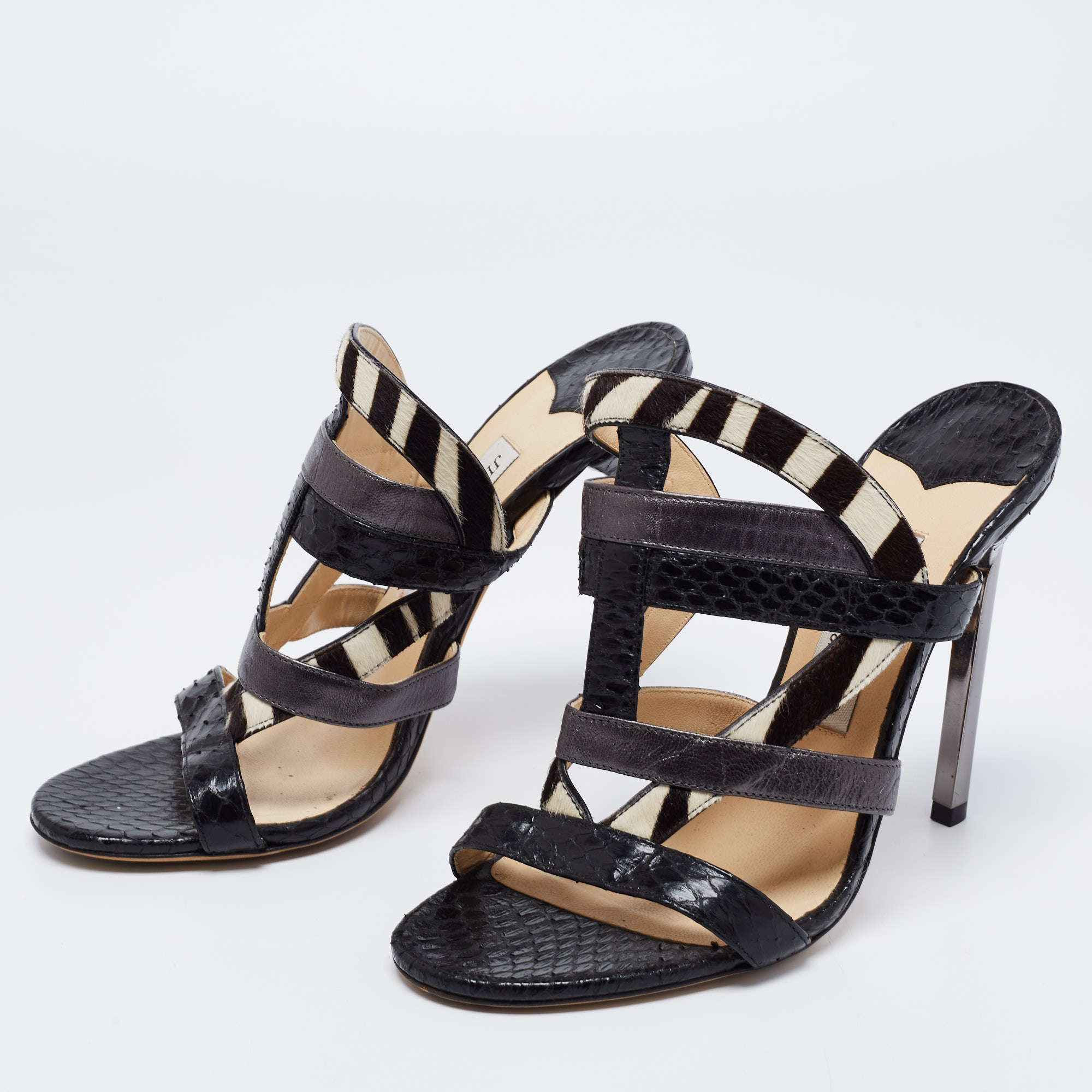 

Jimmy Choo Black/Metallic Zebra Print Calfhair, Leather and Snakeskin Vanisa Sandals Size