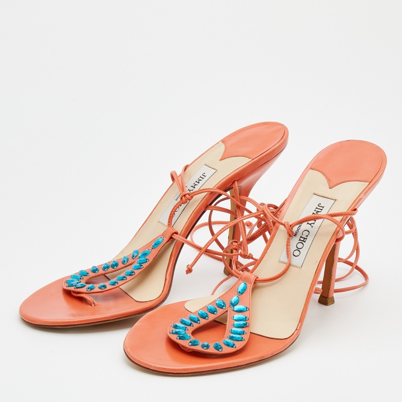Jimmy Choo Orange Leather Crystal Embellished Ankle Wrap Sandals Size