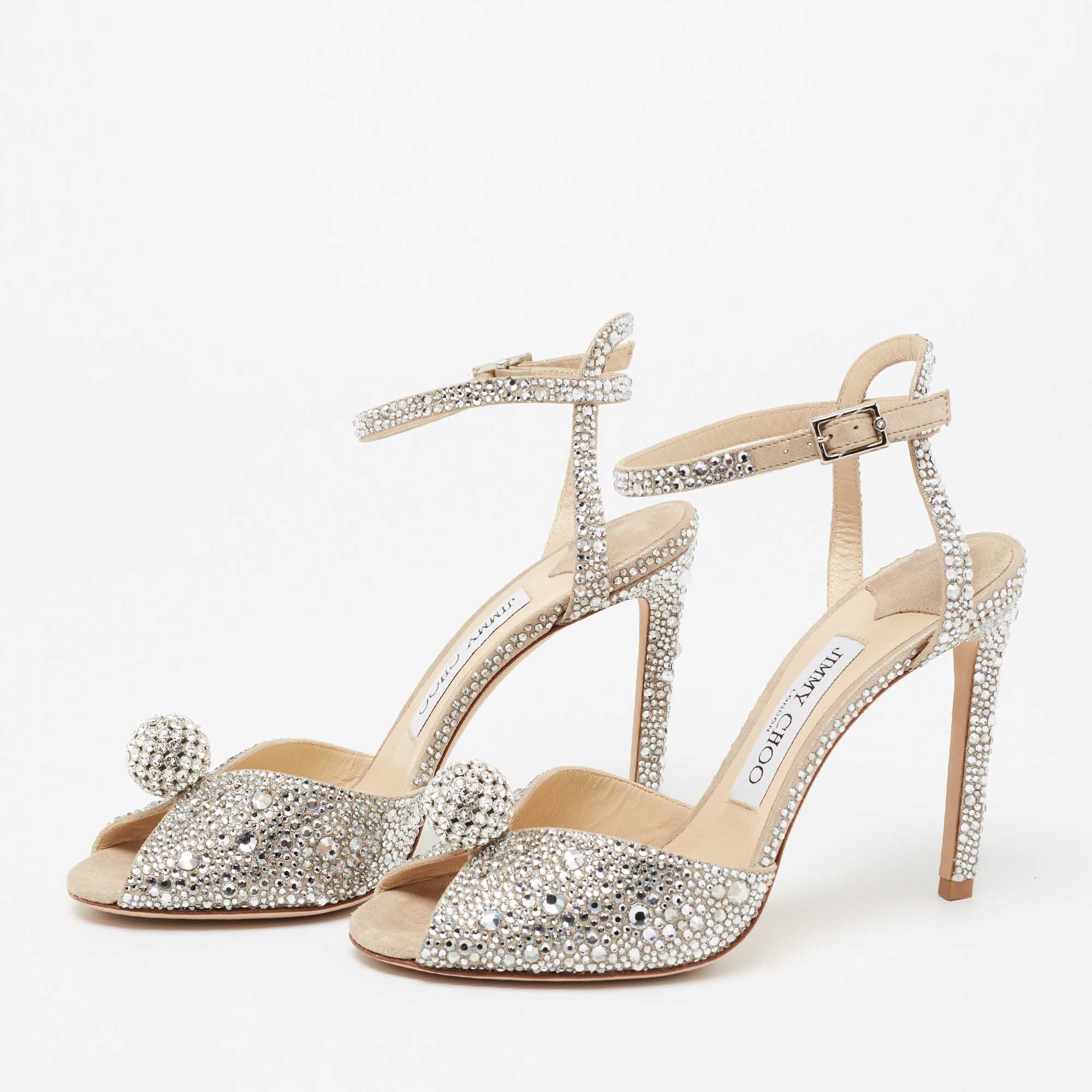 

Jimmy Choo Silver Suede And Crystal Embellished Leather Sacora Ankle Strap Sandals Size