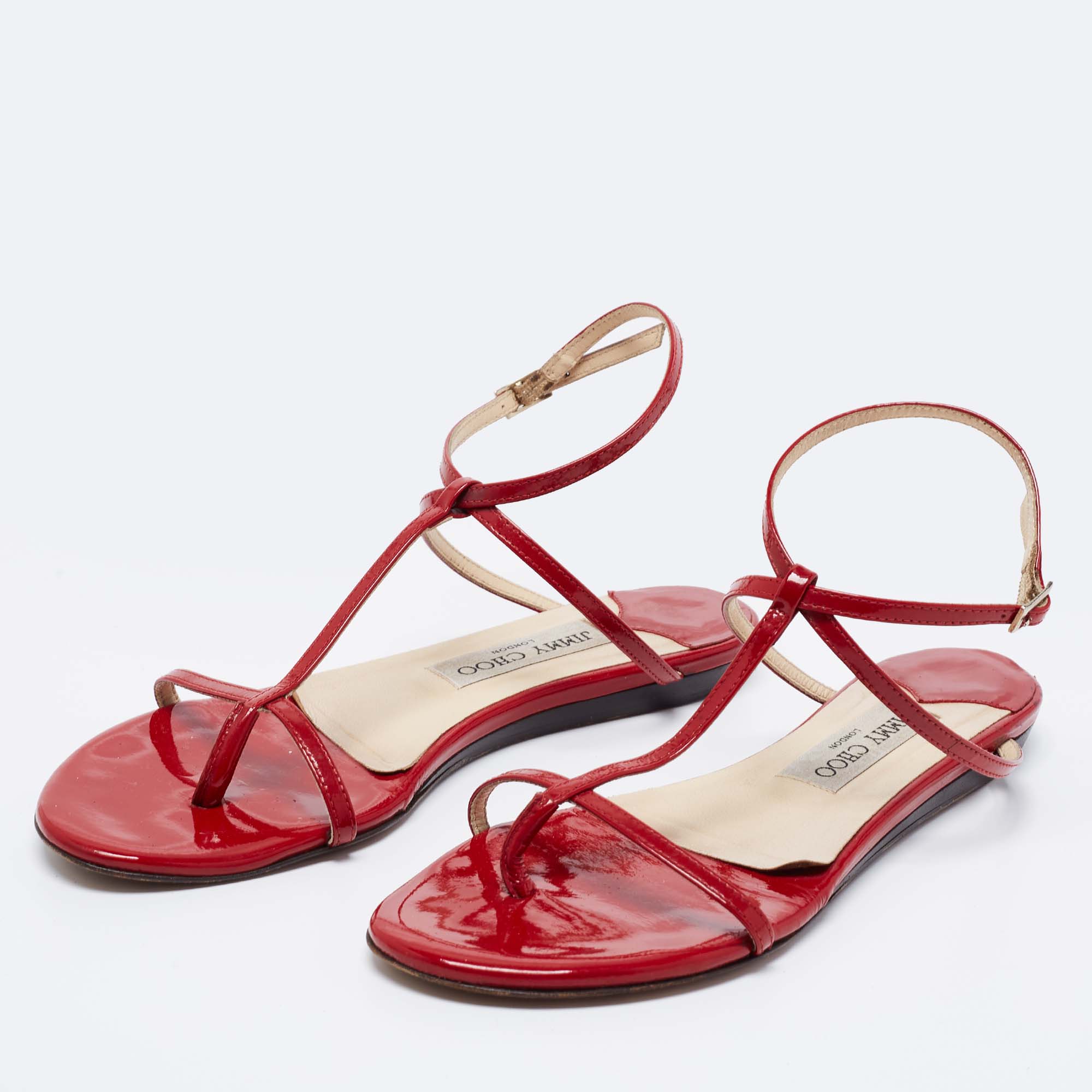 

Jimmy Choo Red Patent Leather Fiona T Strap Flat Sandals Size