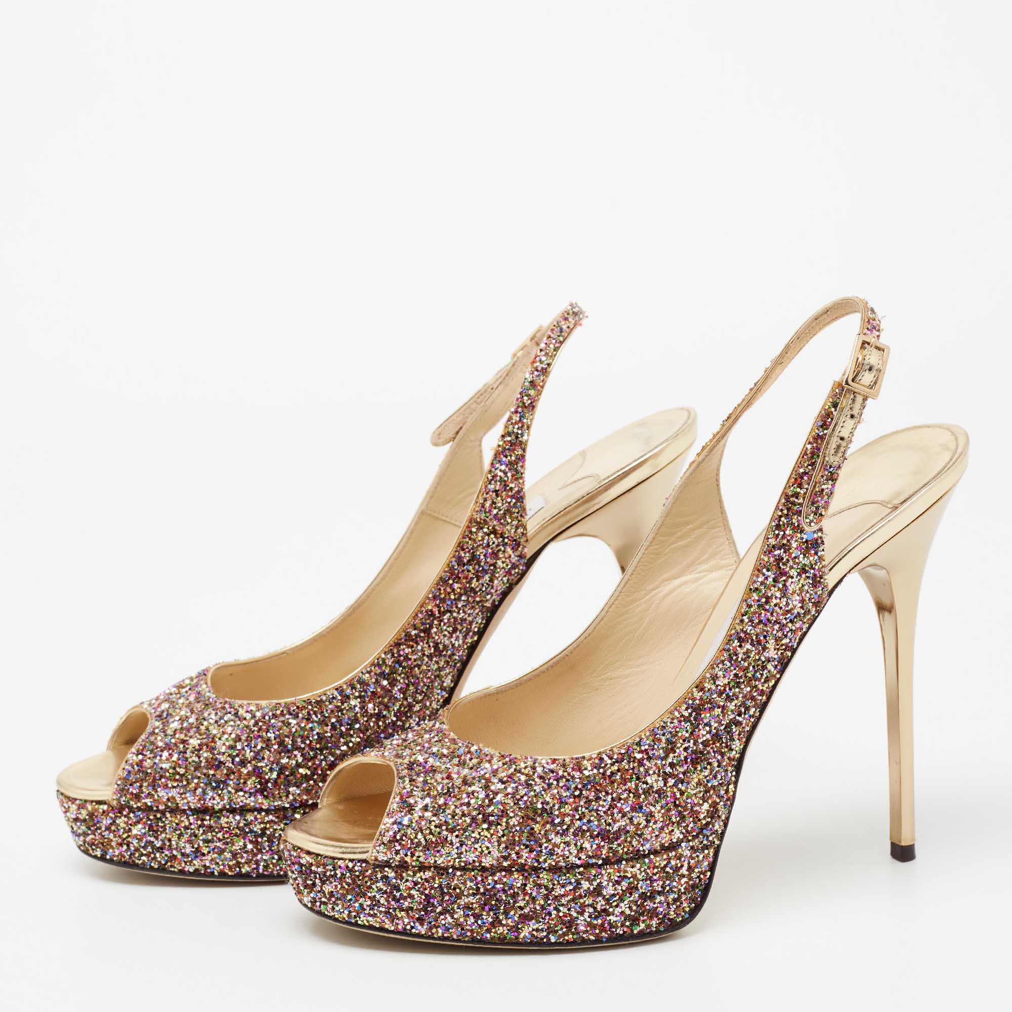 

Jimmy Choo Multicolor Coarse Glitter Verity Peep-Toe Platform Slingback Sandals Size