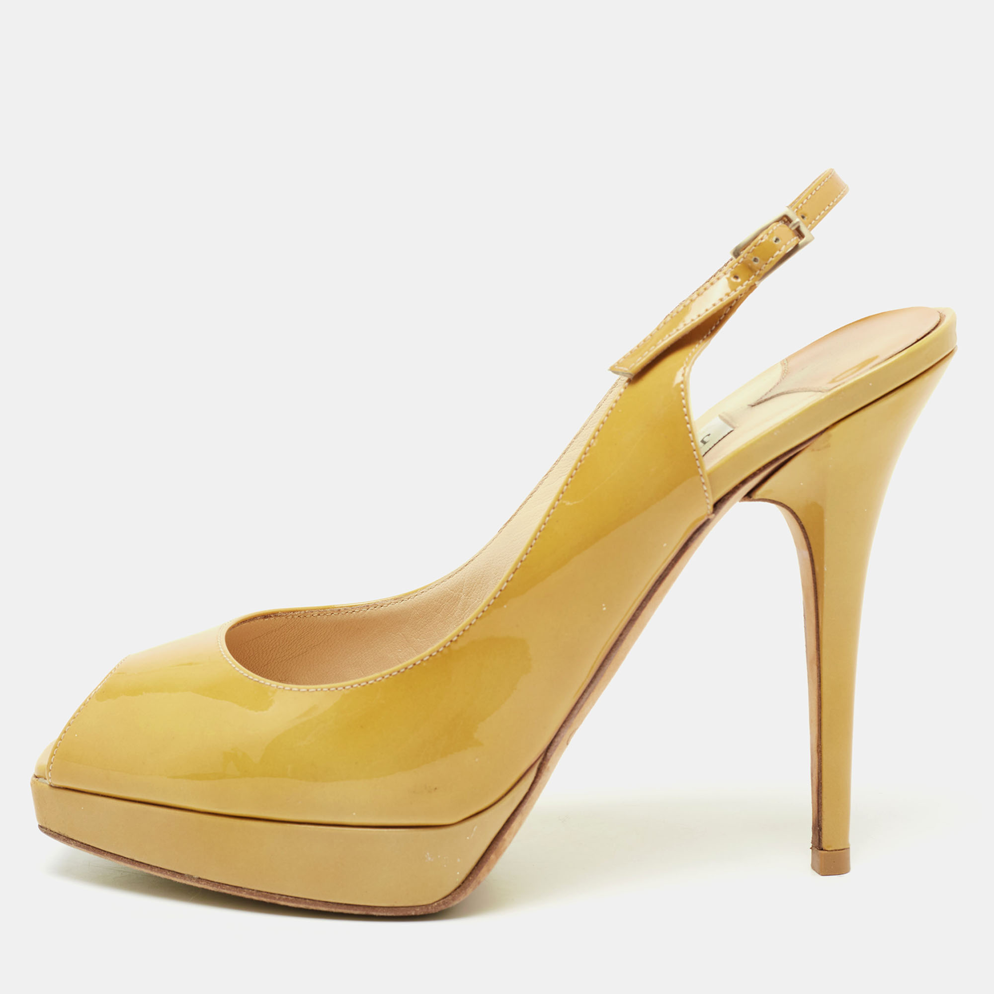 

Jimmy Choo Yellow Patent Leather Nova Peep-Toe Platform Slingback Sandals Size