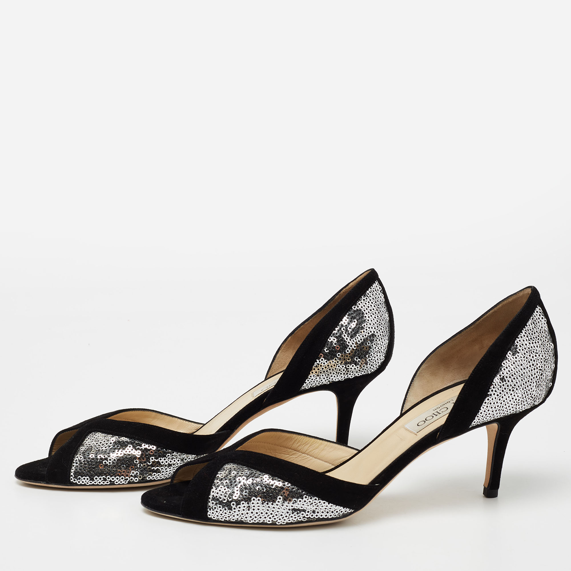 

Jimmy Choo Black/Silver Suede and Sequin Teton D'orsay Pumps Size