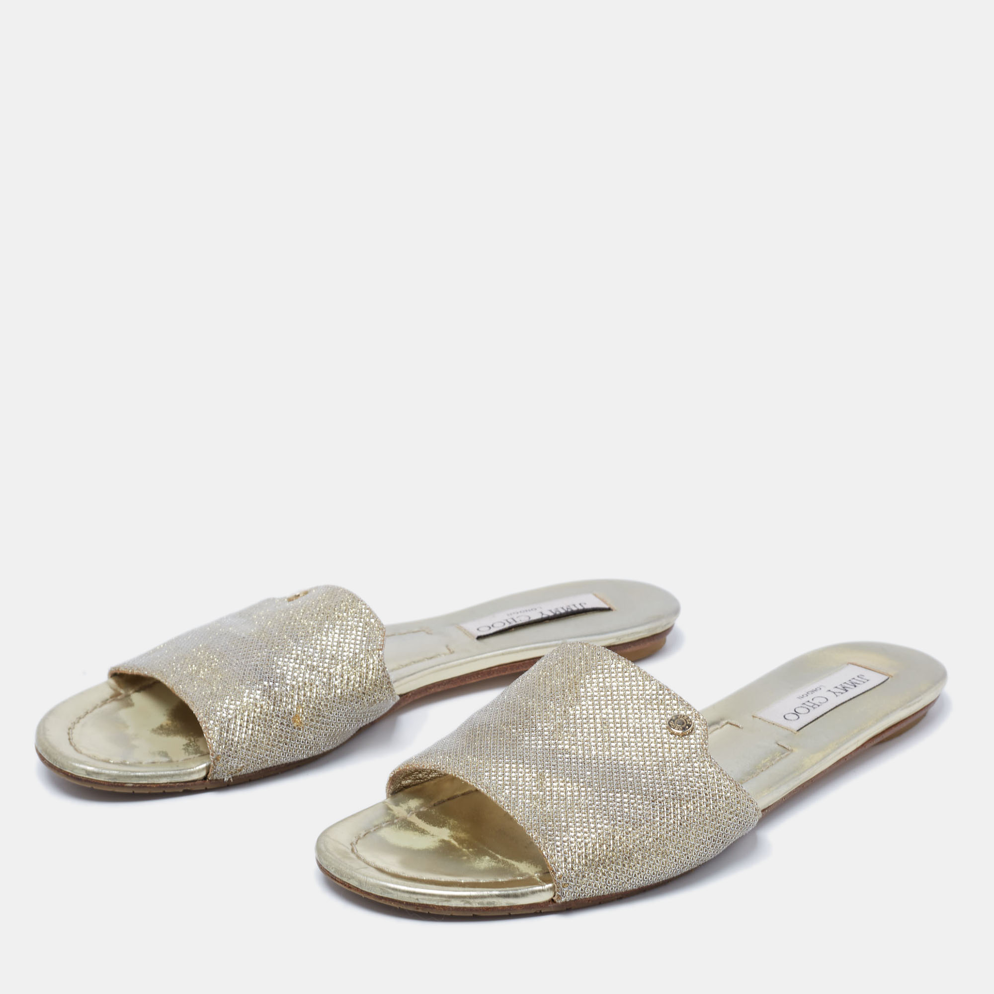 

Jimmy Choo Metallic Gold Lurex Fabric Nanda Flat Slide Sandals Size
