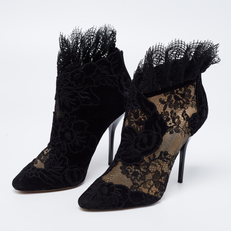 

Jimmy Choo Black Lace and Suede Floral Embroidered Kamaris Ankle Booties Size
