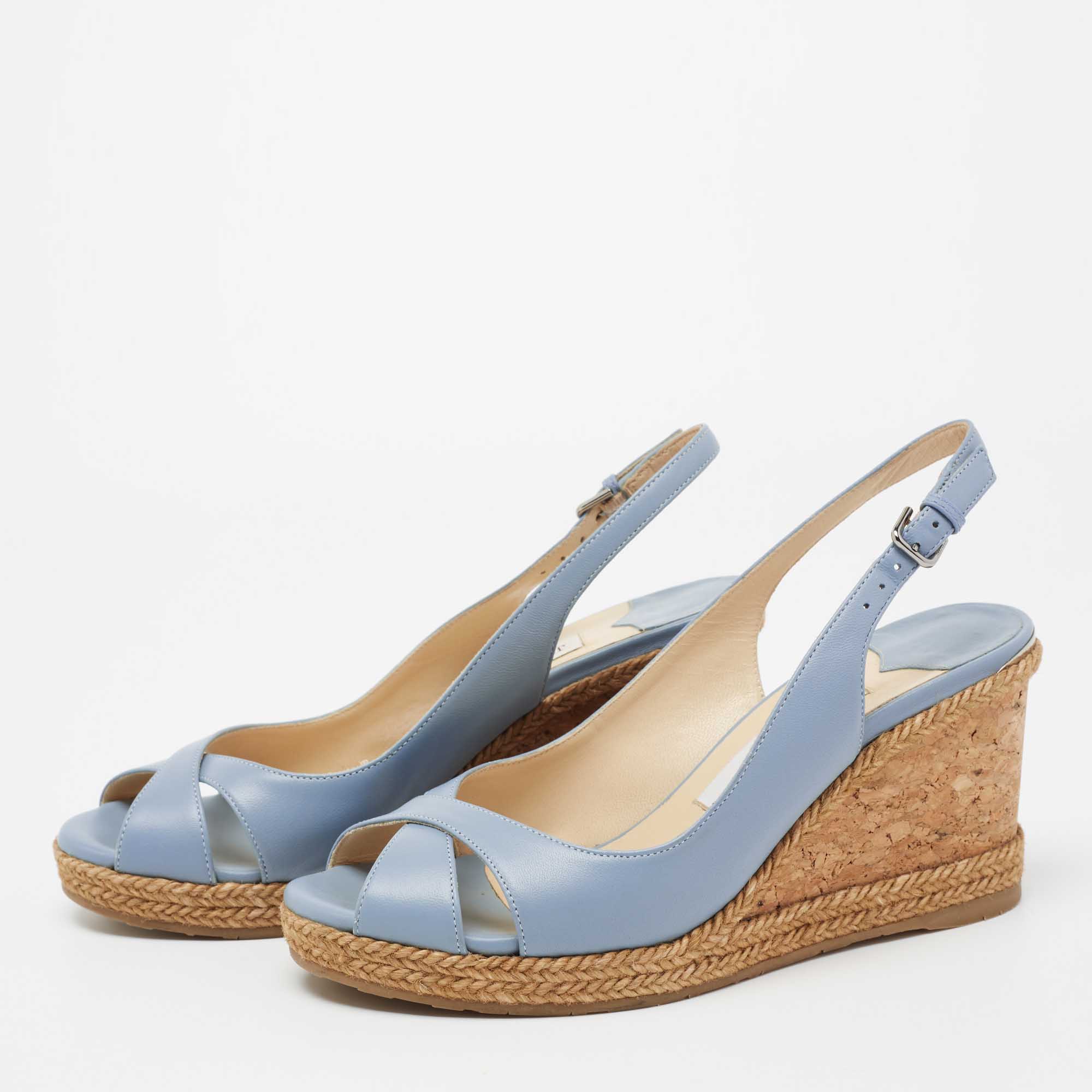 

Jimmy Choo Blue Leather Amely Slingback Cork Wedge Sandals Size
