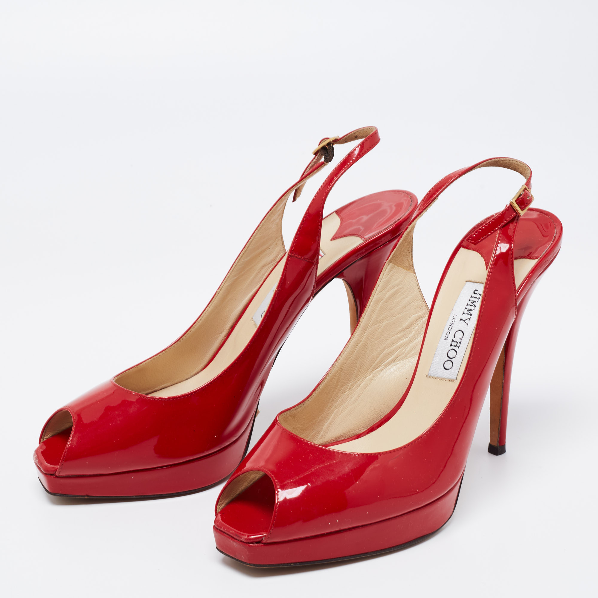 Jimmy Choo Red Patent Leather Nova Peep Toe Slingback Sandals Size