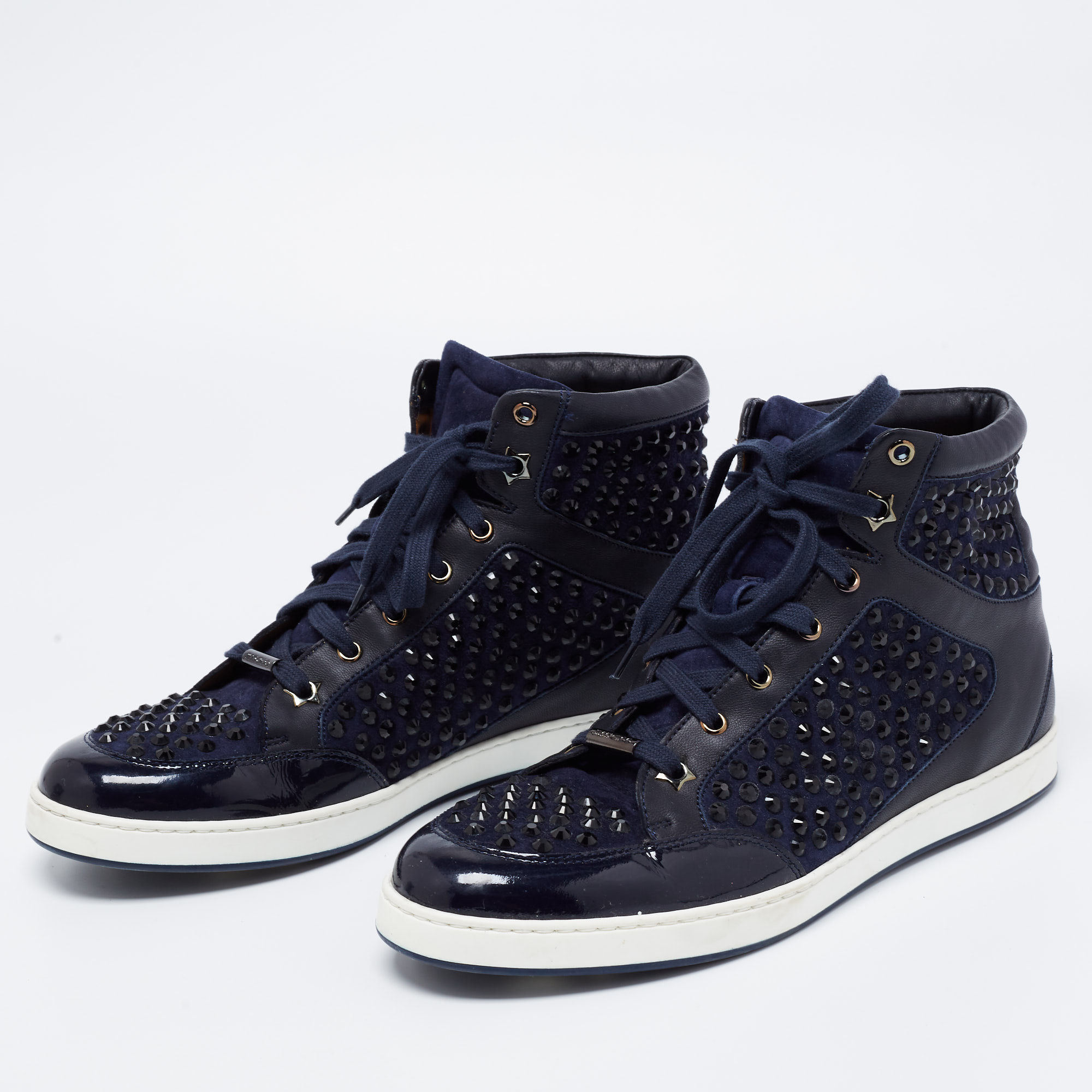 

Jimmy Choo Navy Blue Leather and Suede Studded Tokyo High-Top Sneakers Size