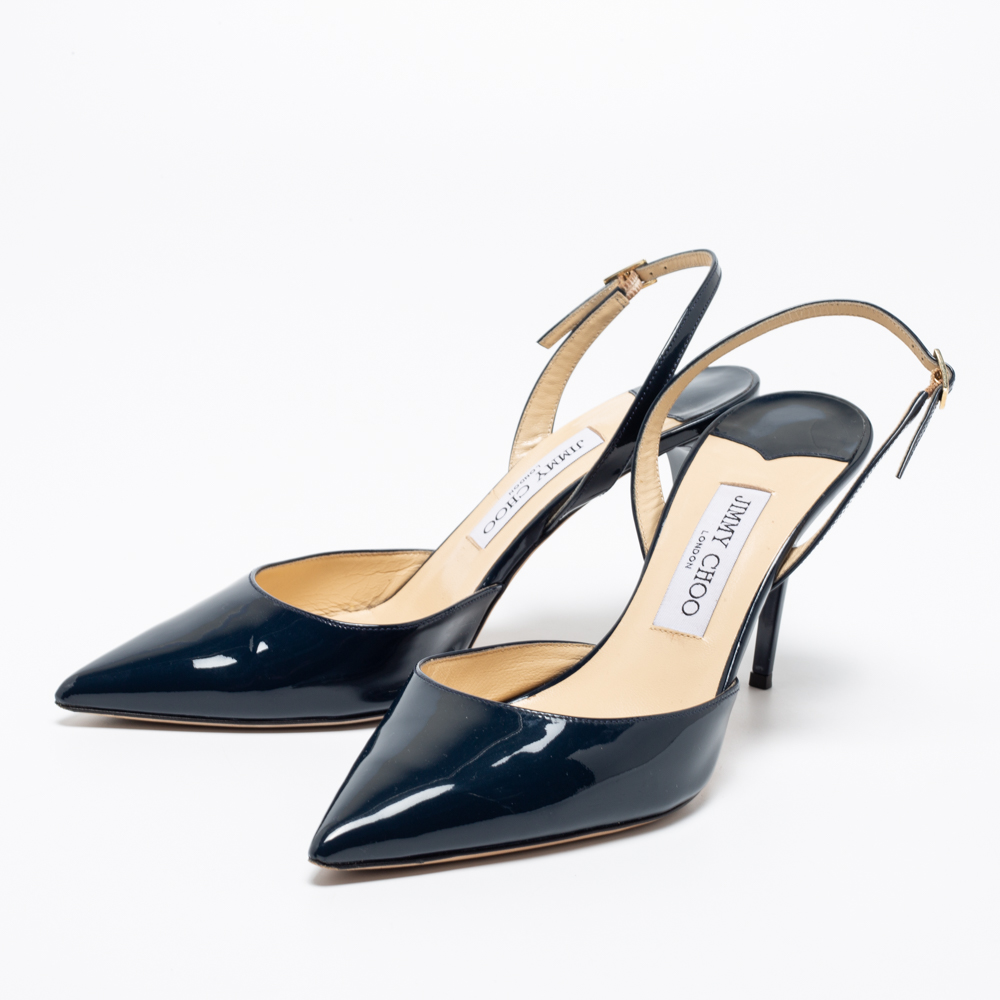 

Jimmy Choo Navy Blue Patent Leather Tarida Slingback Sandals Size