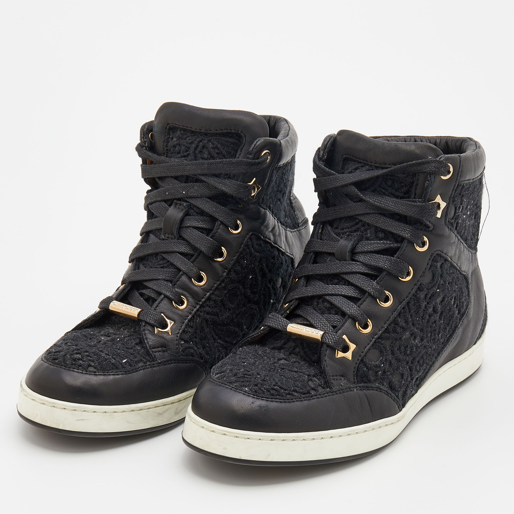 

Jimmy Choo Black Lace and Leather Tokyo High Top Sneakers Size