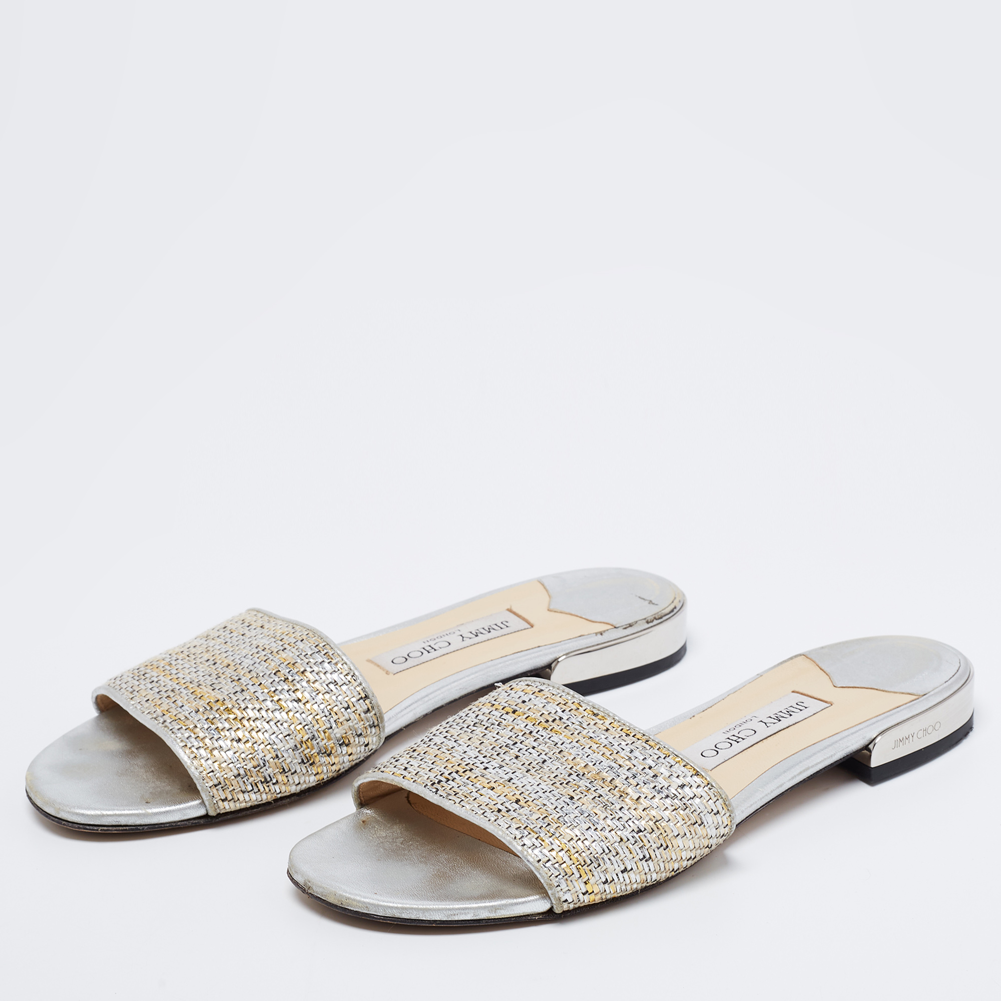 

Jimmy Choo Metallic Silver/Gold Woven Fabric Flat Slide Sandals Size