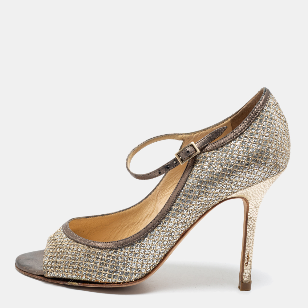 

Jimmy Choo Silver/Gold Glitter And Leather Mary Jane Pumps Size, Metallic
