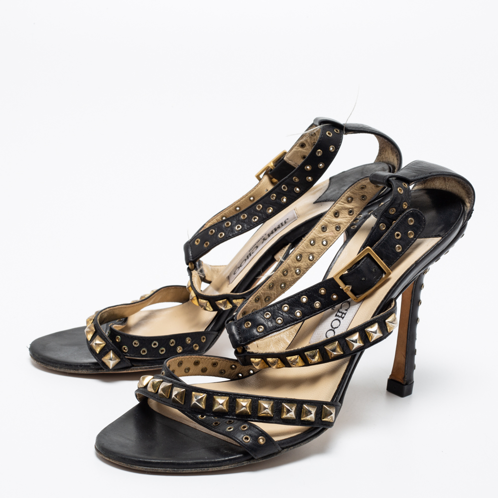 

Jimmy Choo Black Leather Studded Ankle Strap Sandals Size