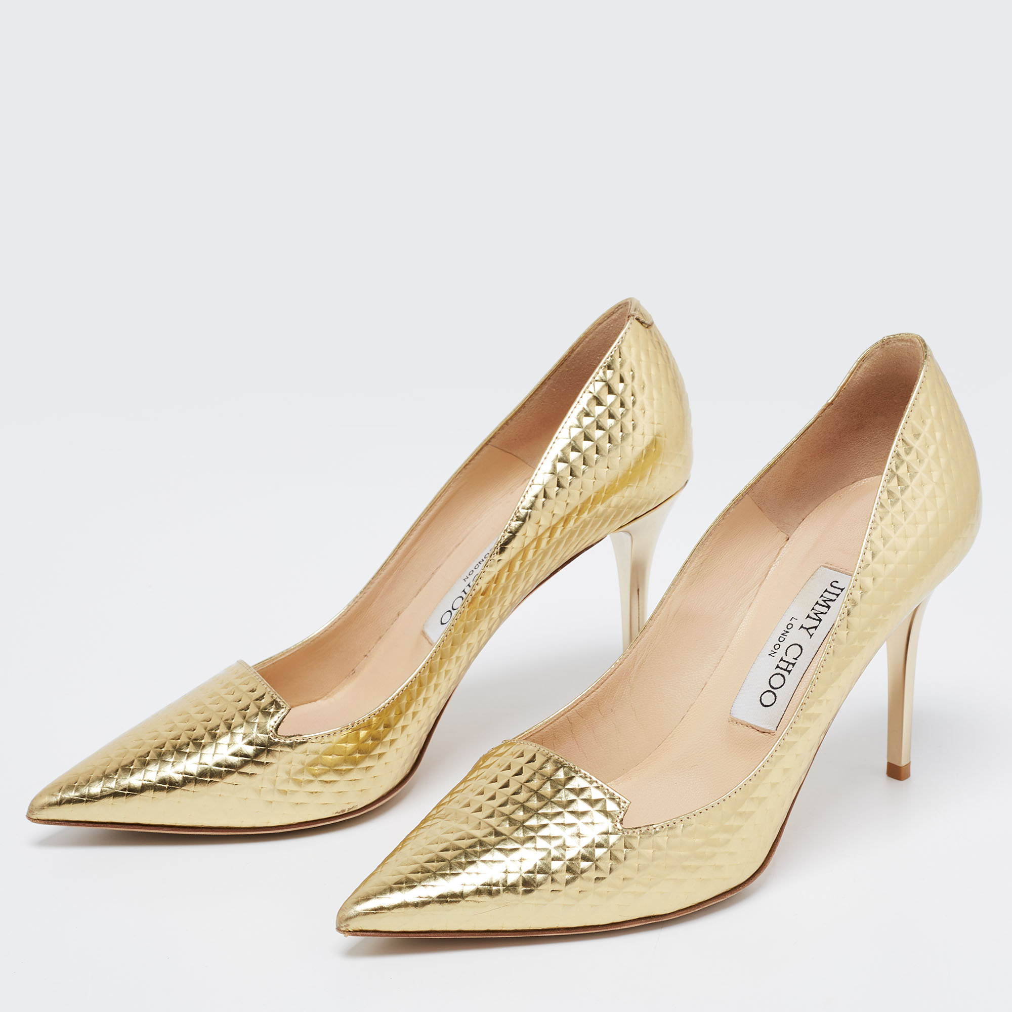 

Jimmy Choo Metallic Gold Textured Leather Pointed Toe Pumps Size