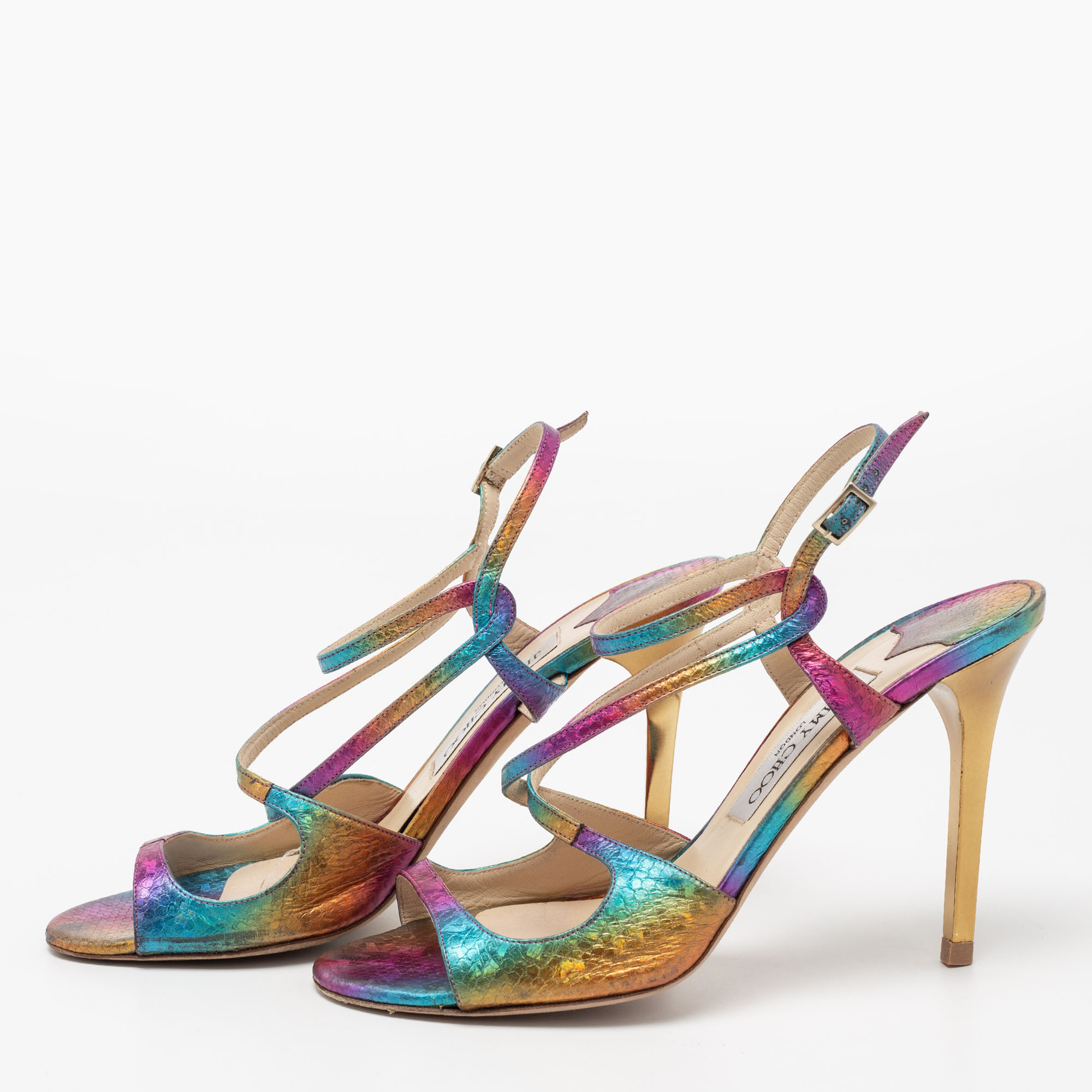 

Jimmy Choo Multicolor Python Embossed Leather Ankle Strap Sandals Size