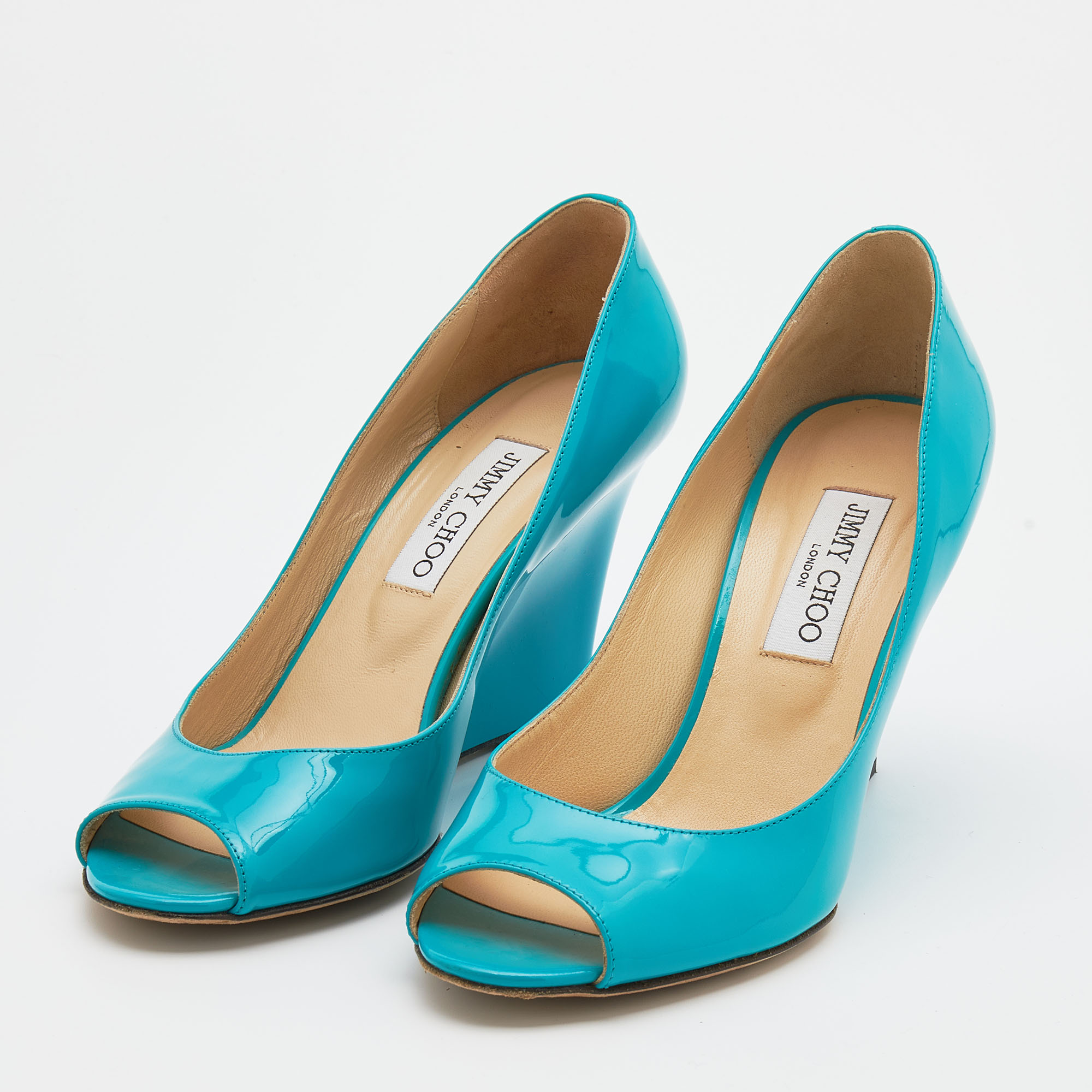 

Jimmy Choo Turquoise Patent Leather Bello Peep Toe Wedge Pumps Size, Blue