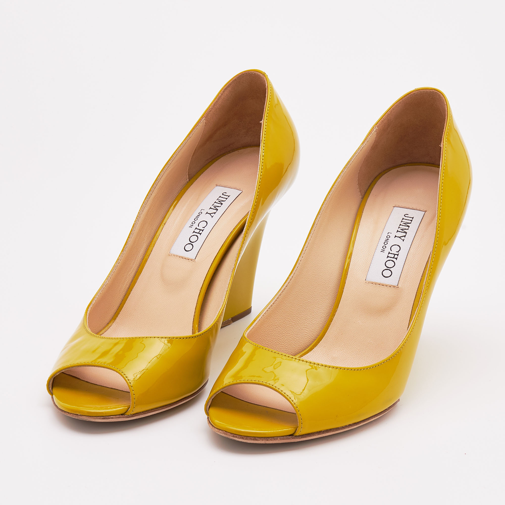 

Jimmy Choo Citrine Patent Leather Bello Peep Toe Wedge Pumps Size, Yellow