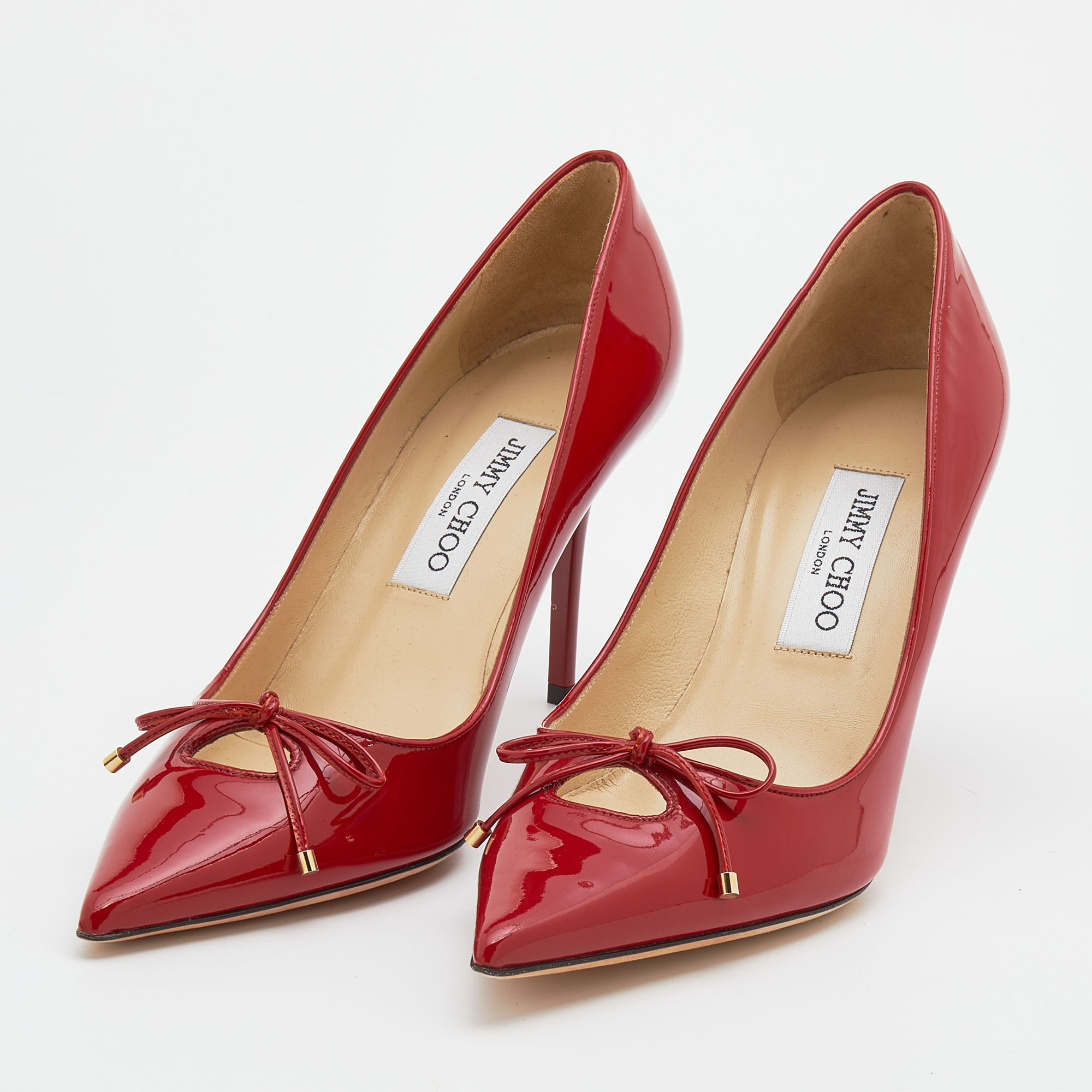 

Jimmy Choo Red Patent Leather Bow Pumps Size