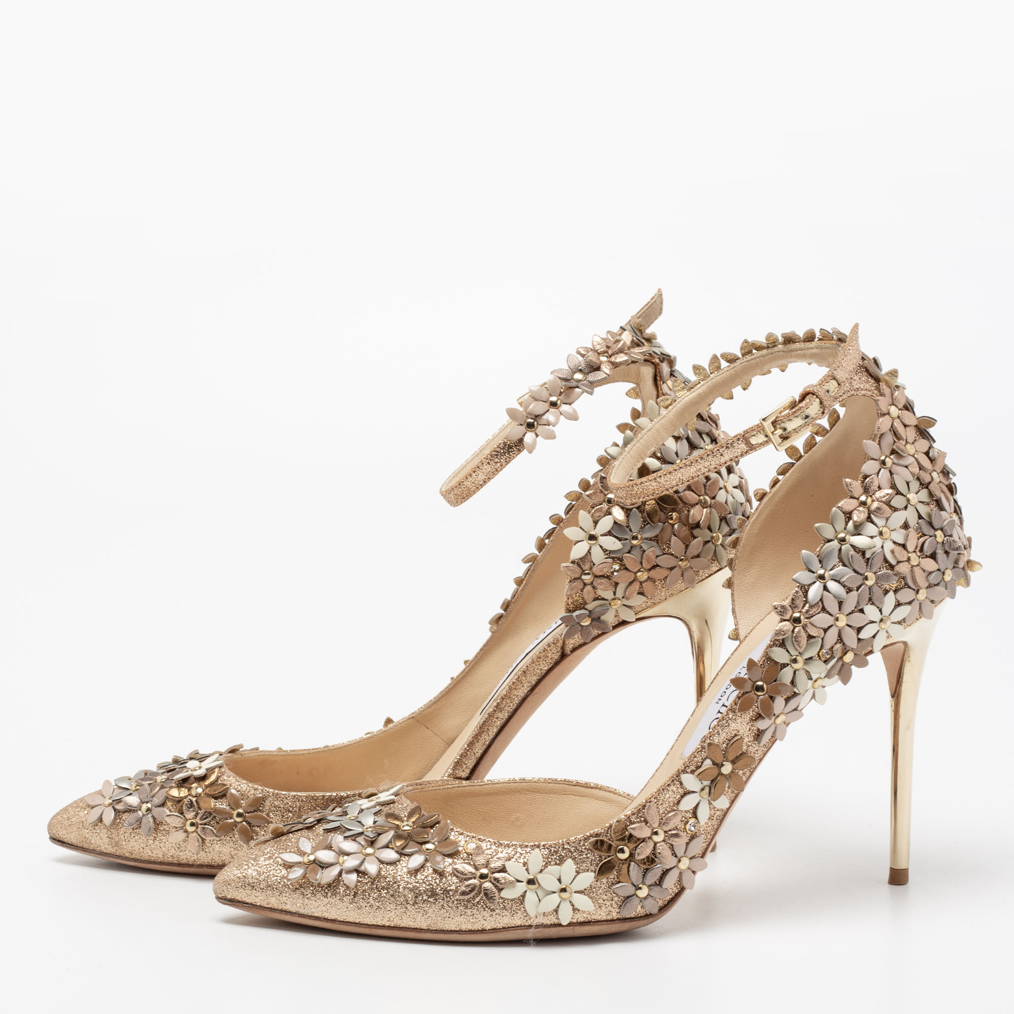 

Jimmy Choo Gold Glitter Floral Embellished Ankle Strap Pumps Size