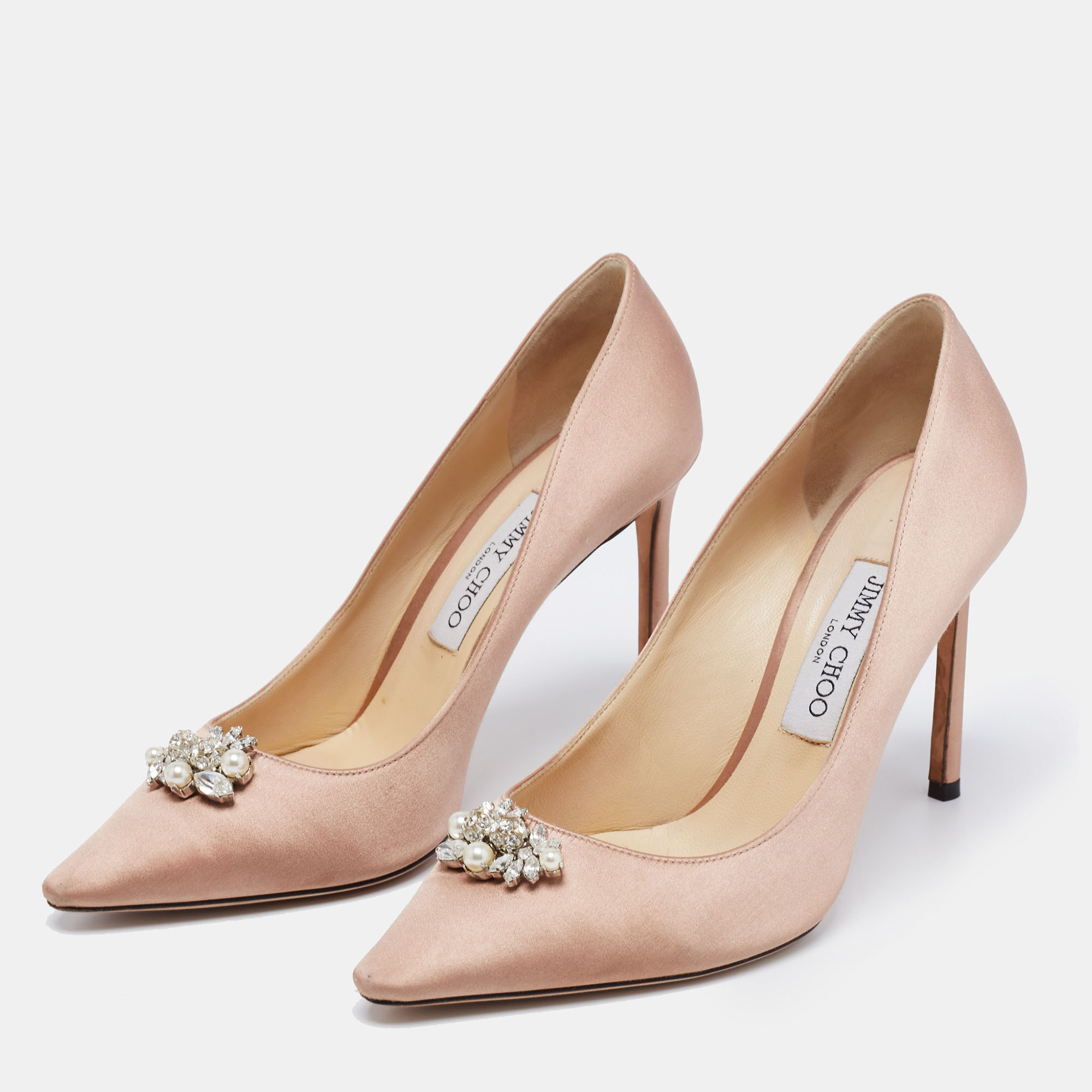 

Jimmy Choo Baby Pink Satin Crystal Embellished Buckle Pumps Size