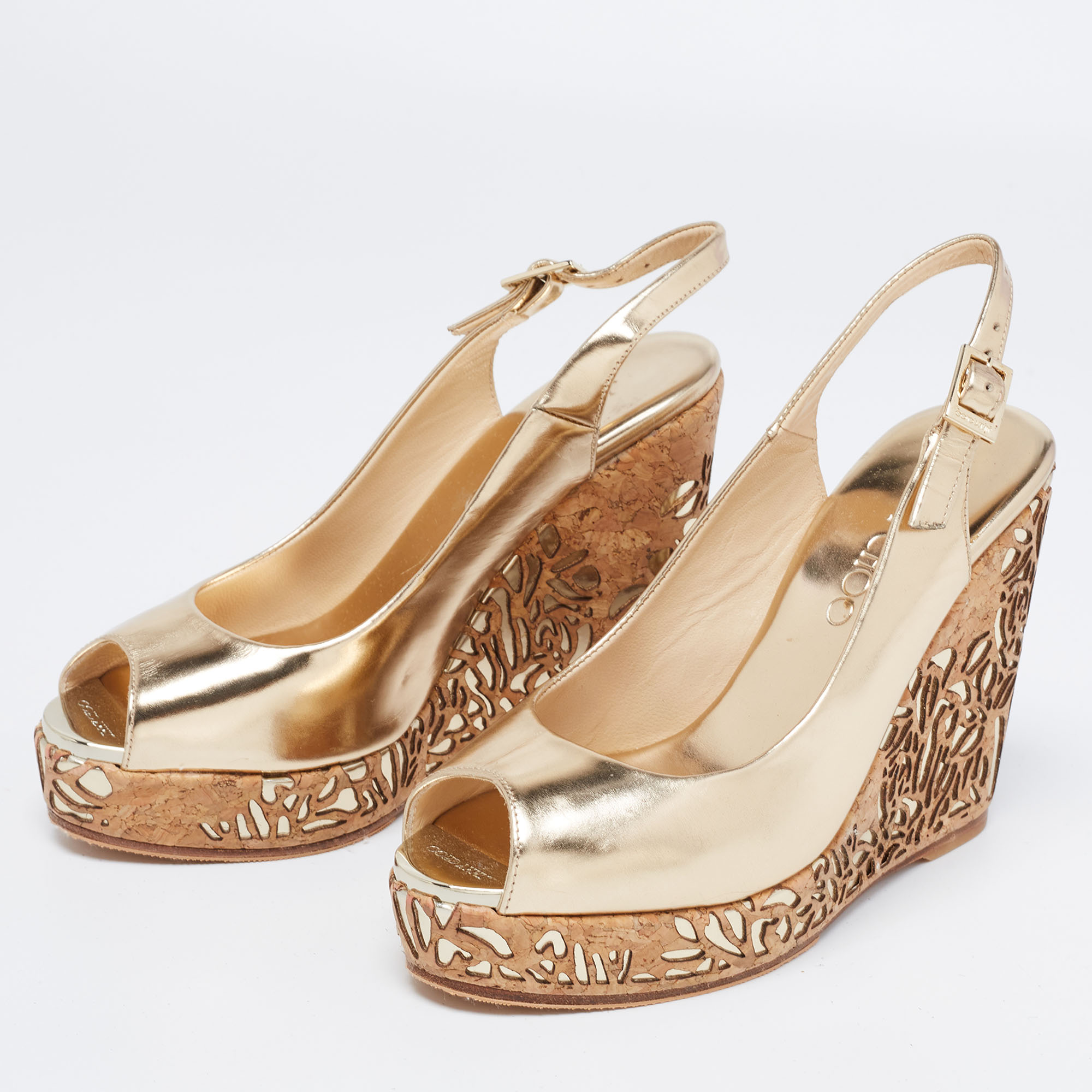 

Jimmy Choo Gold Leather Laser Cut Cork Wedge Sandals Size