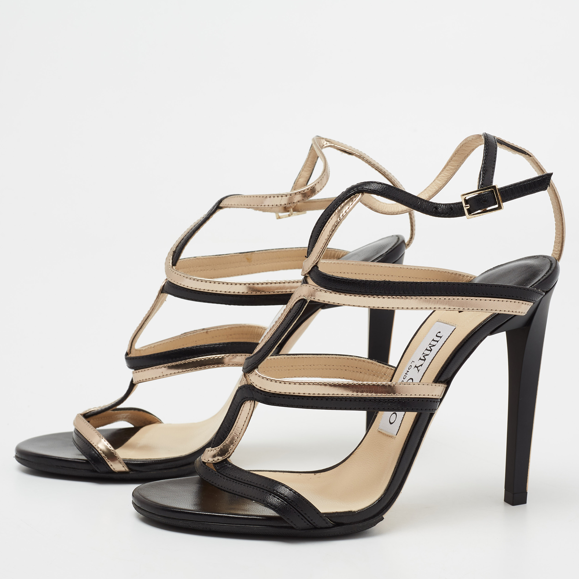 

Jimmy Choo Black/Gold Leather Strappy Sandals Size