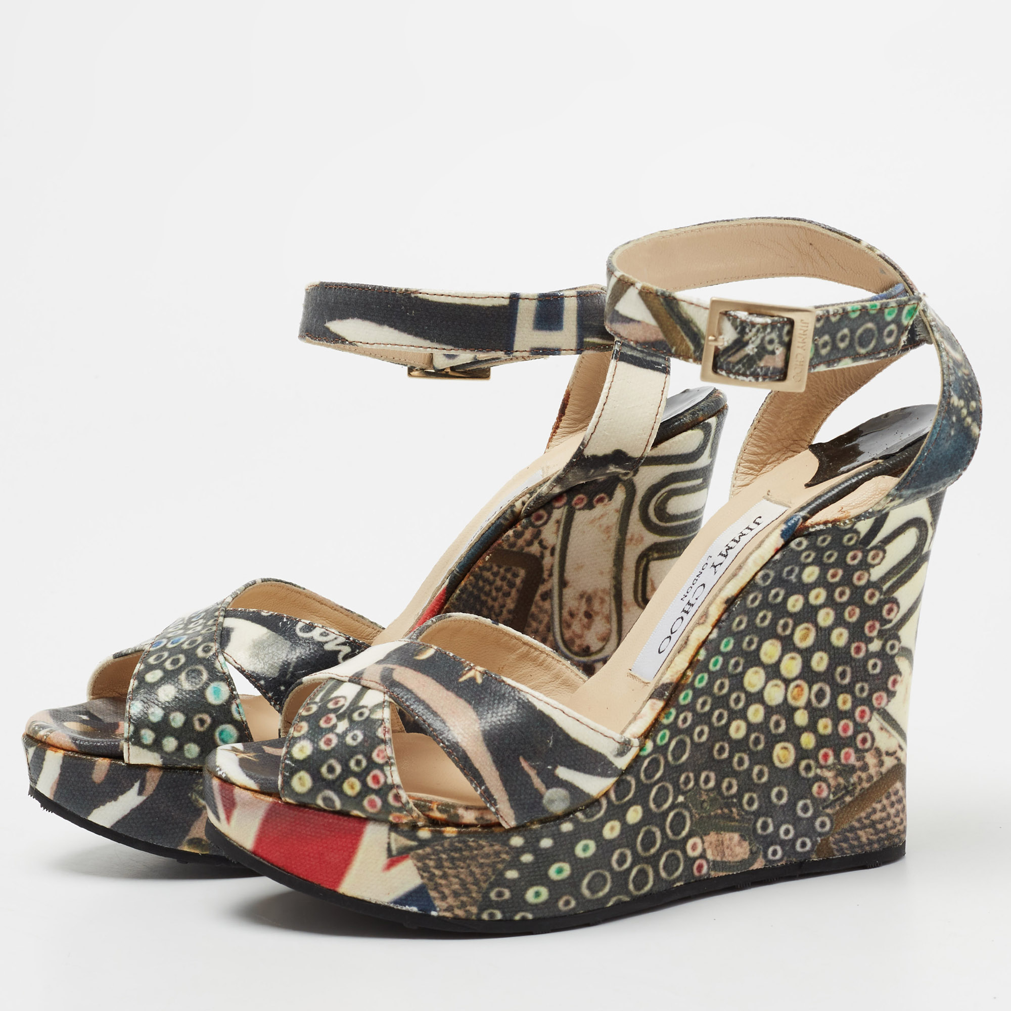 

Jimmy Choo Multicolor Coated Canvas Platform Wedge Ankle Strap Sandals Size