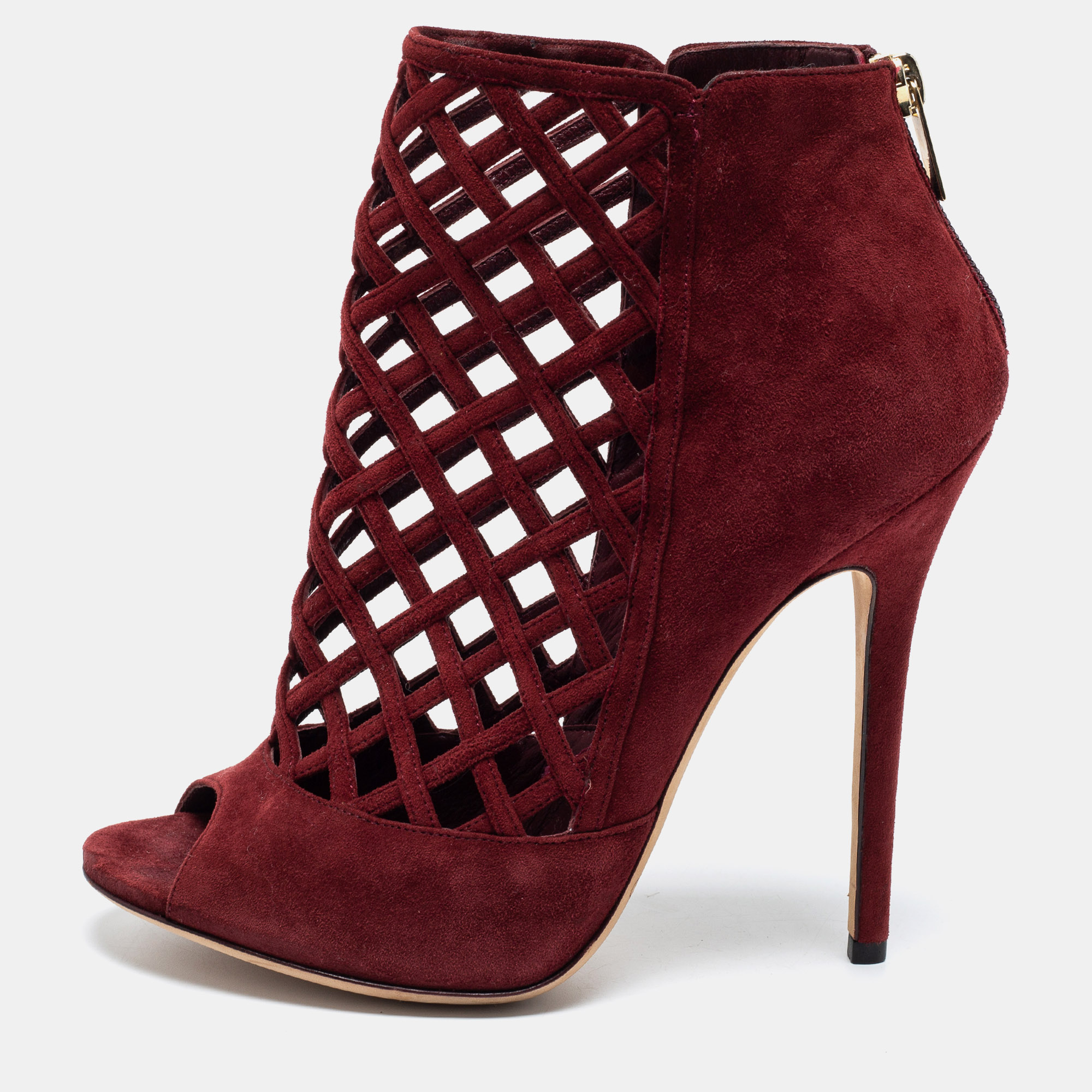 Pre-owned Jimmy Choo Burgundy Suede Drift Cut-out Peep-toe Ankle Booties Size 38