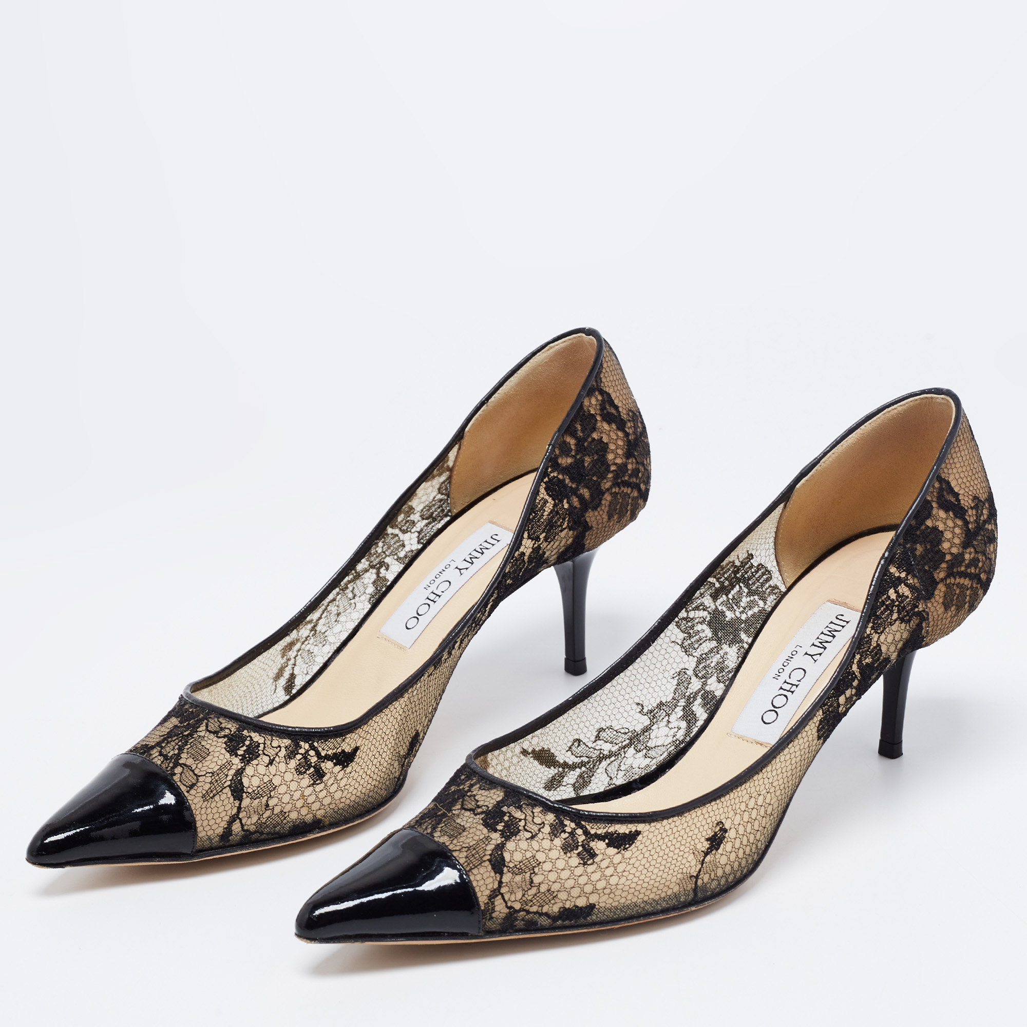 Jimmy Choo Black Lace and Patent Leather Pointed-Toe Pumps Size