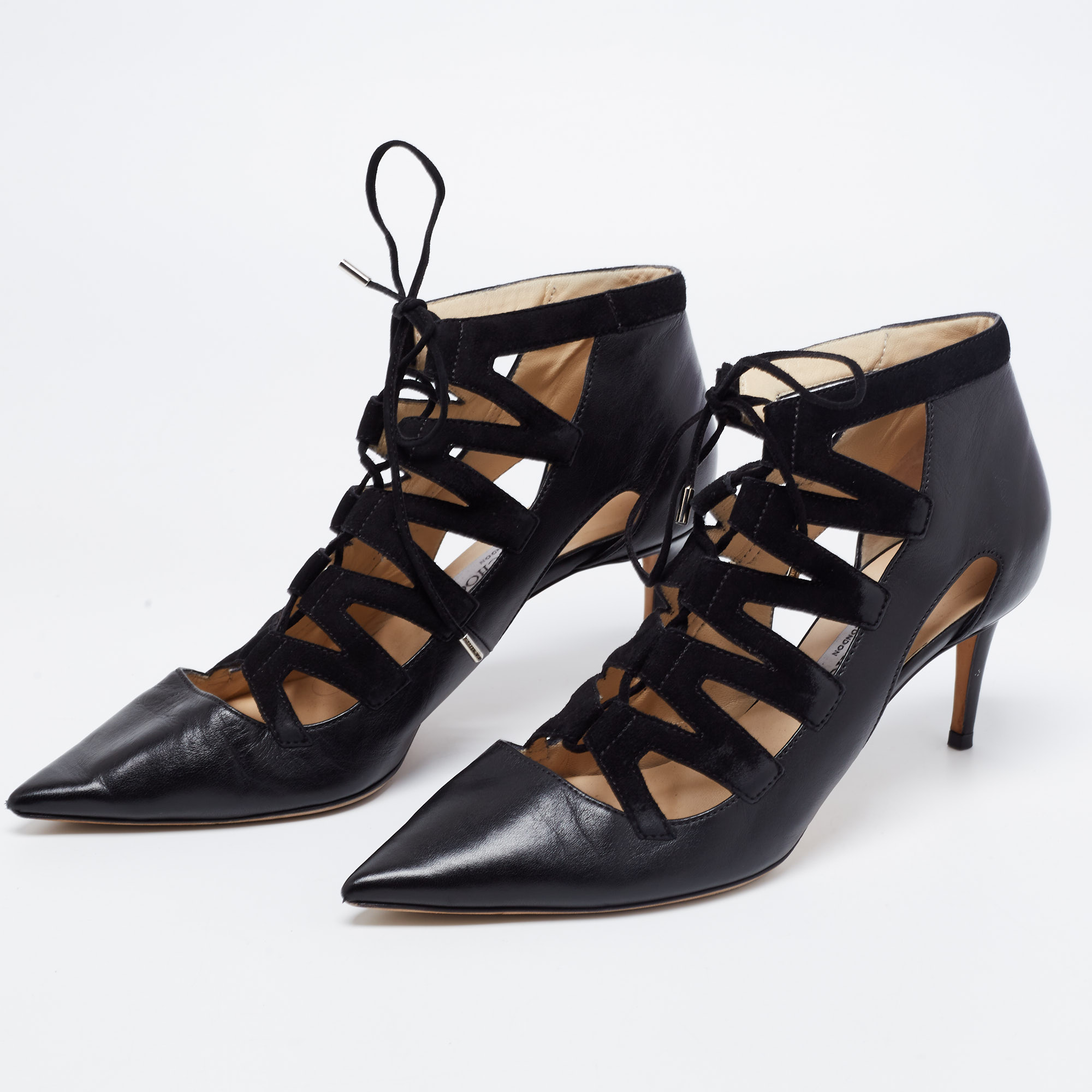 

Jimmy Choo Black Leather And Suede Strappy Pumps Size