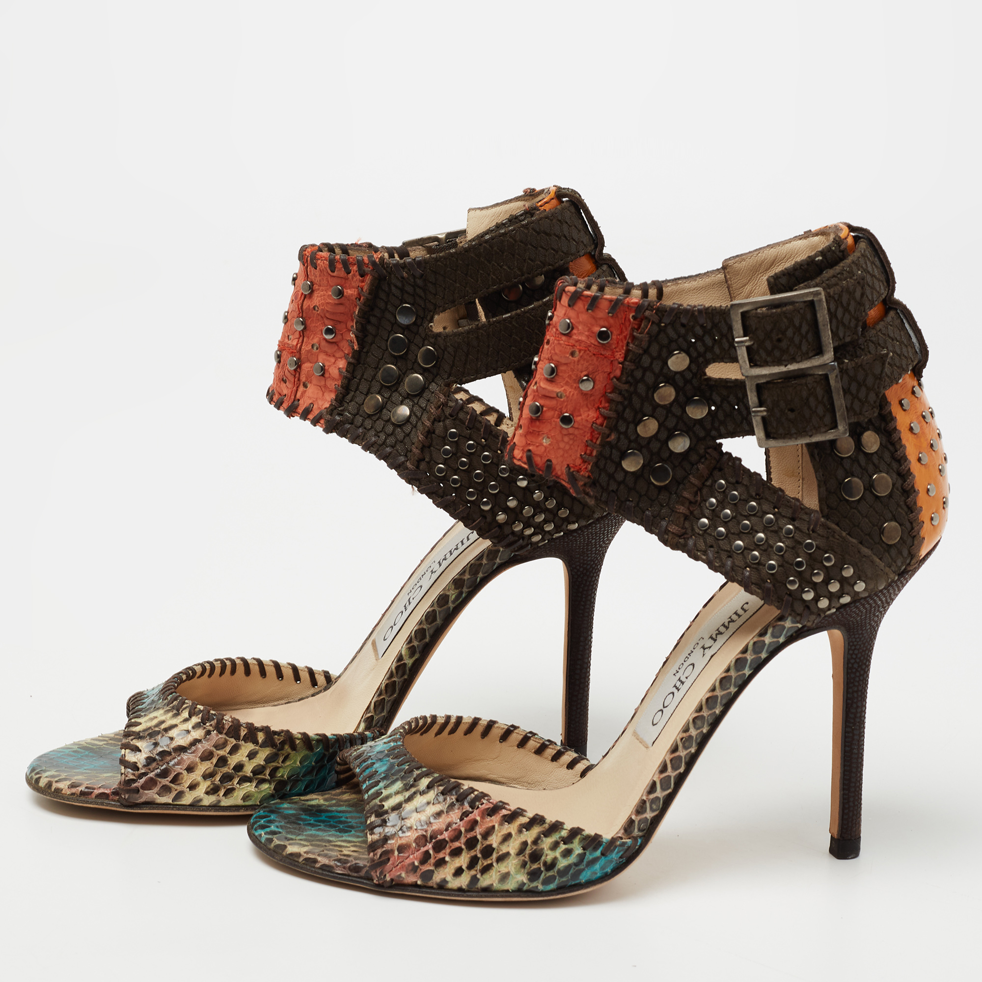 

Jimmy Choo Multicolor Studded Snakeskin And Leather Ankle Strap Sandals Size