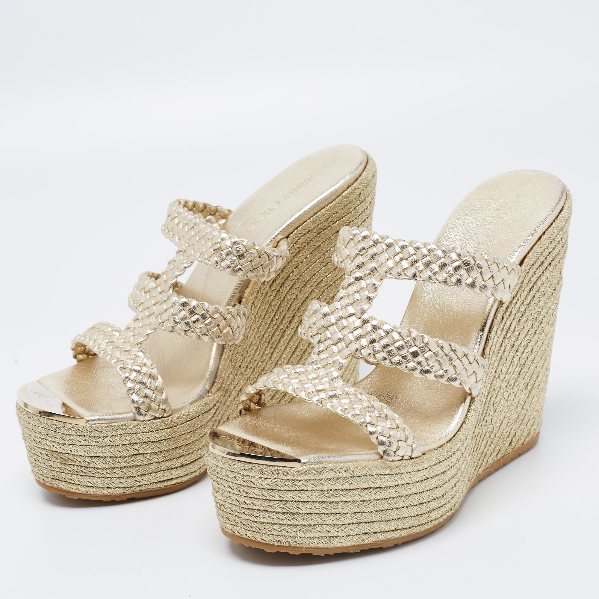 Jimmy Choo Gold Braided Leather Espadrille Wedge Sandals Sandals Size