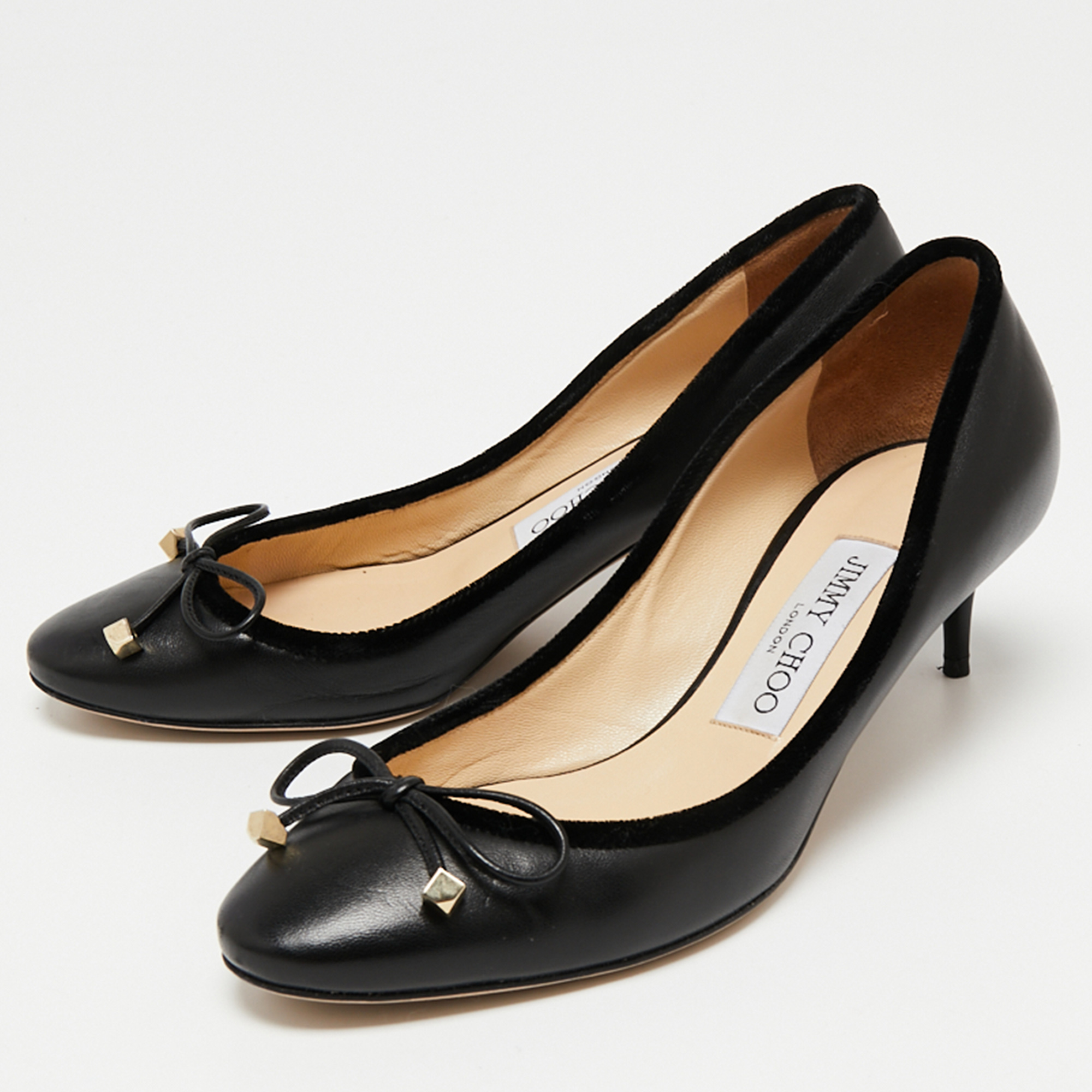 

Jimmy Choo Black Leather Romy Bow Pumps Size