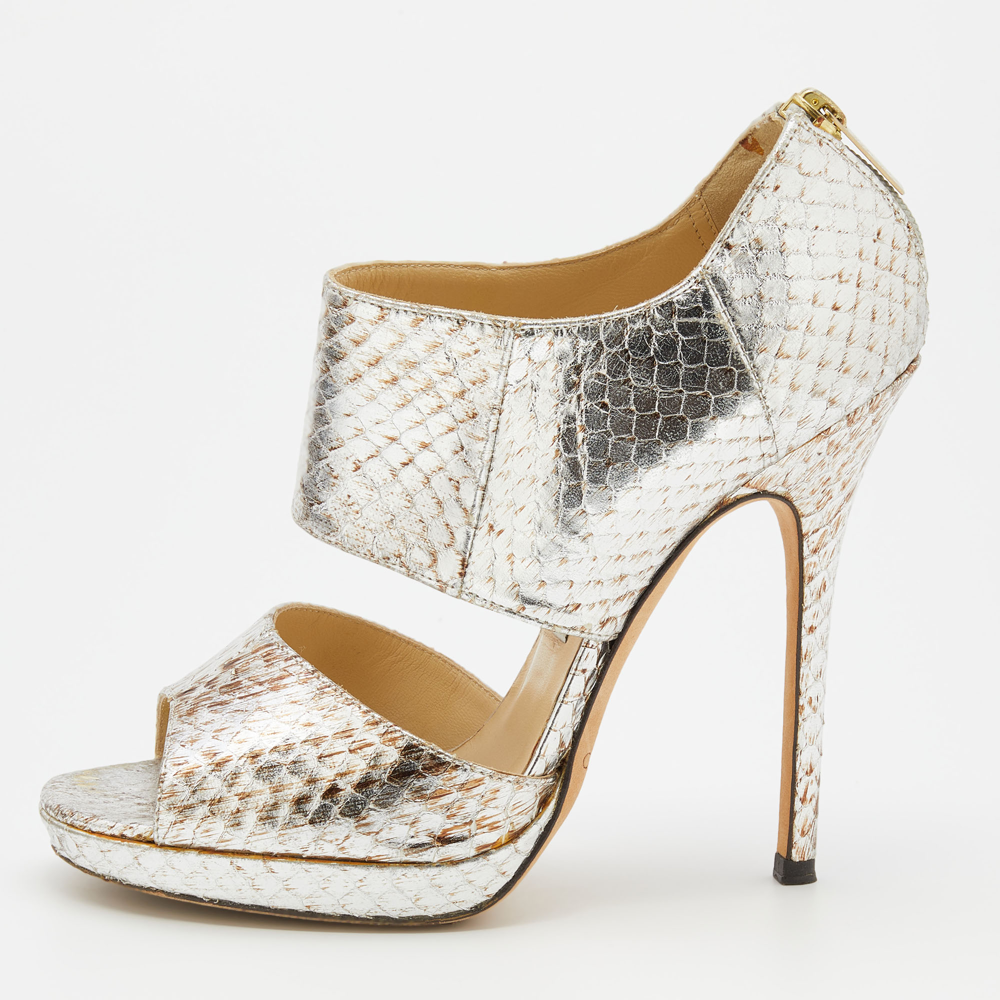 

Jimmy Choo Metallic Silver Python Leather Private Open Toe Pumps Size
