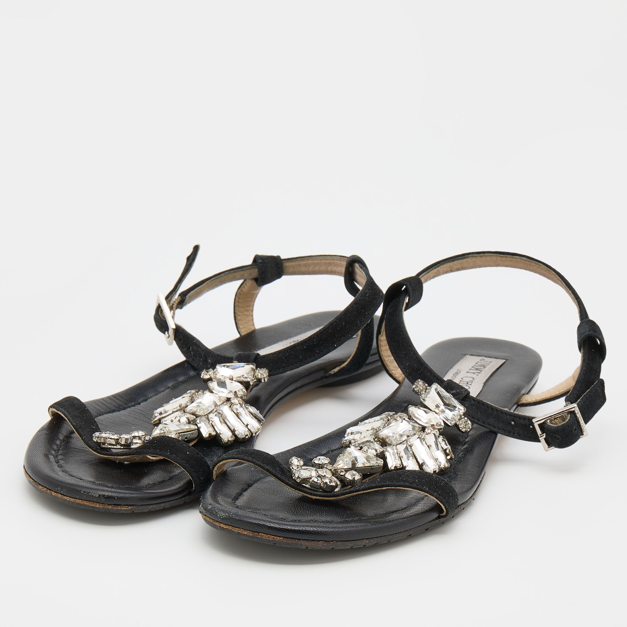 

Jimmy Choo Black Suede Crystal Embellished Flat Sandals Size