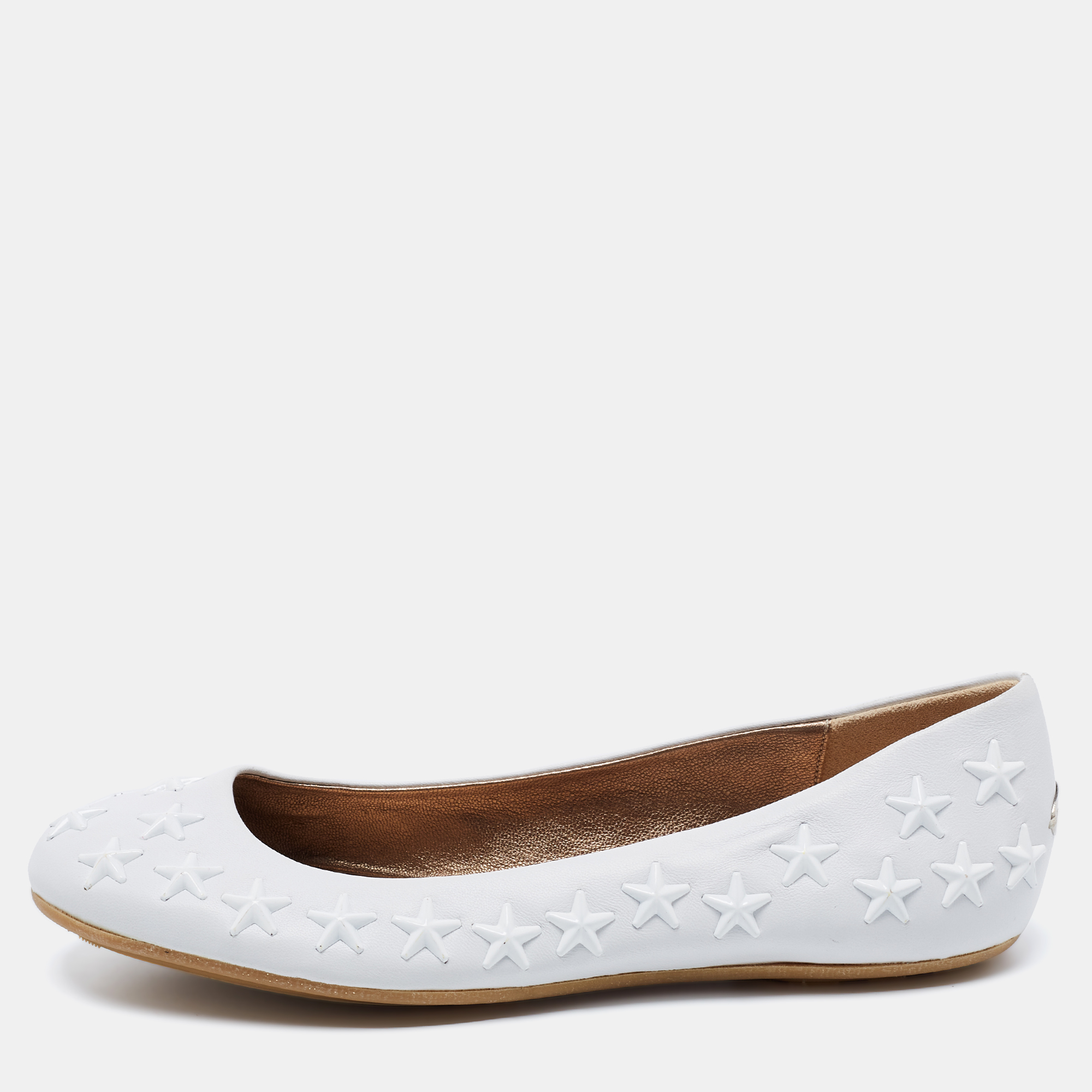 Pre-owned Jimmy Choo White Leather Western Star Ballet Flats Size 37.5