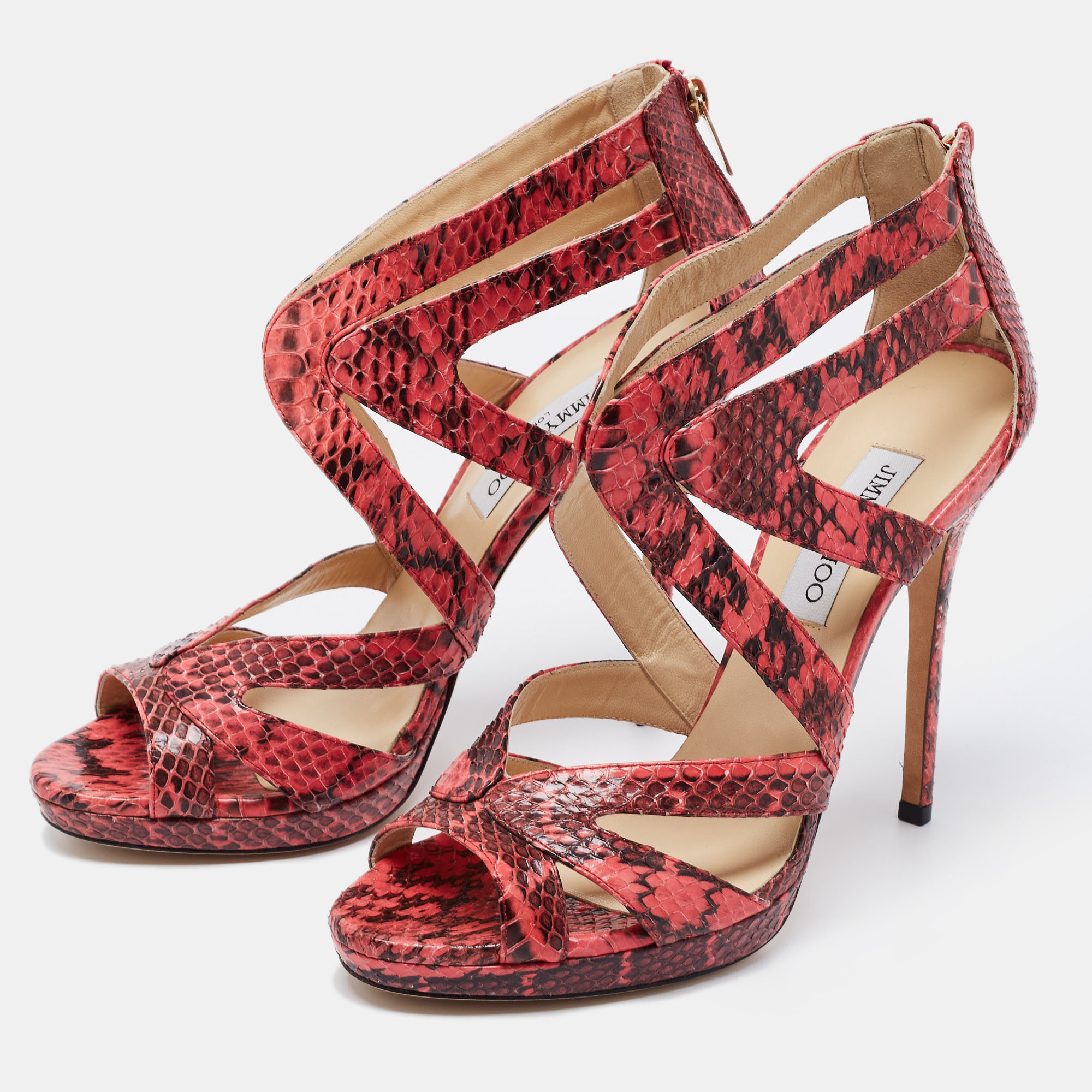 

Jimmy Choo Pink/Black Python Leather Cagged Strappy Sandals Size